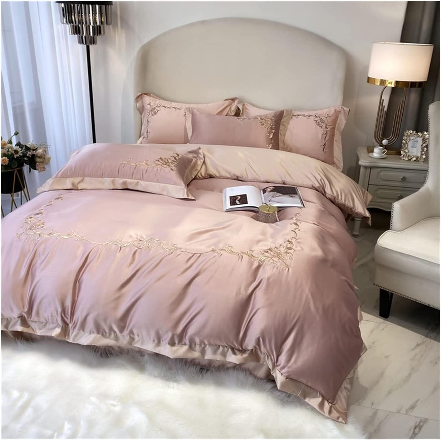 4Pcs Bedding Duvet Cover Set Double-Sided Ice Silk Summer Silky Silk Satin Tencel Solid Color Comforter Cover 1 Duvet Cover 2 Pillow Shams 1 Fitted Sheet (Color : Pink C, Size : 200X230Cm-150X200Cm