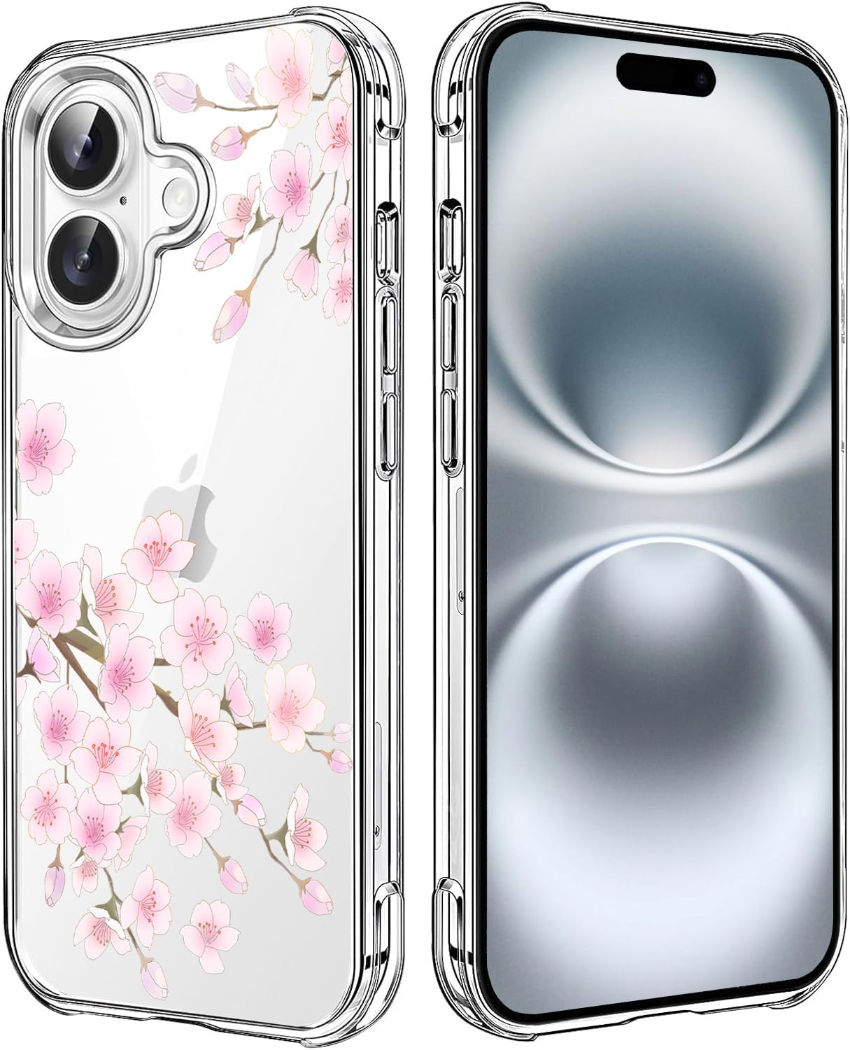 HEYORUN Cherry Blossom Clear Case Compatible with Iphone 16, Sakura Girls and Women Floral Back Case Cover, Pink Flower Transparent Flexible TPU Bumper Shockproof Protective Case