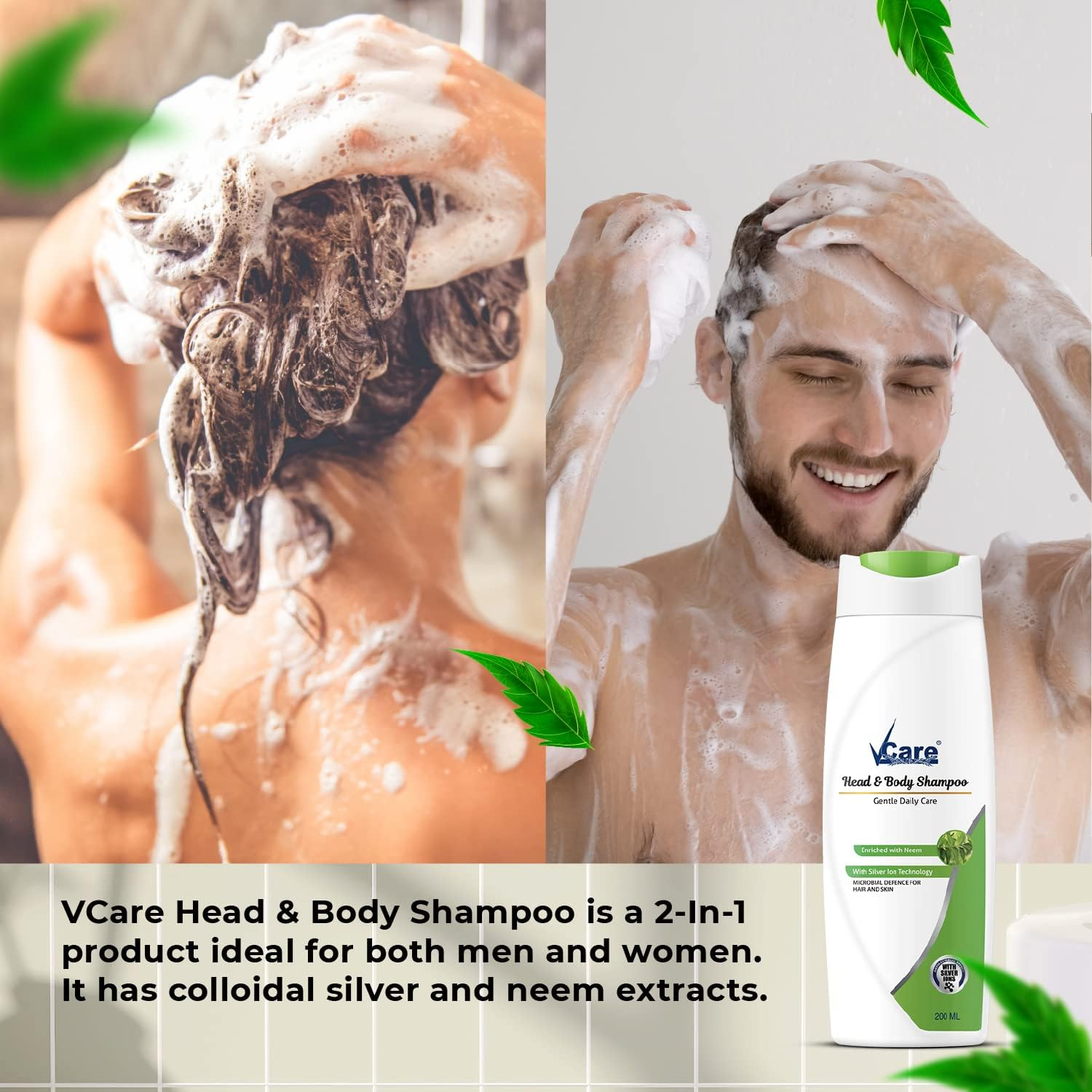 Vcare Head & Body Shampoo, 200 Ml, (Pack of 2), Enriched with Neem and Silver Iron Technology image number 5