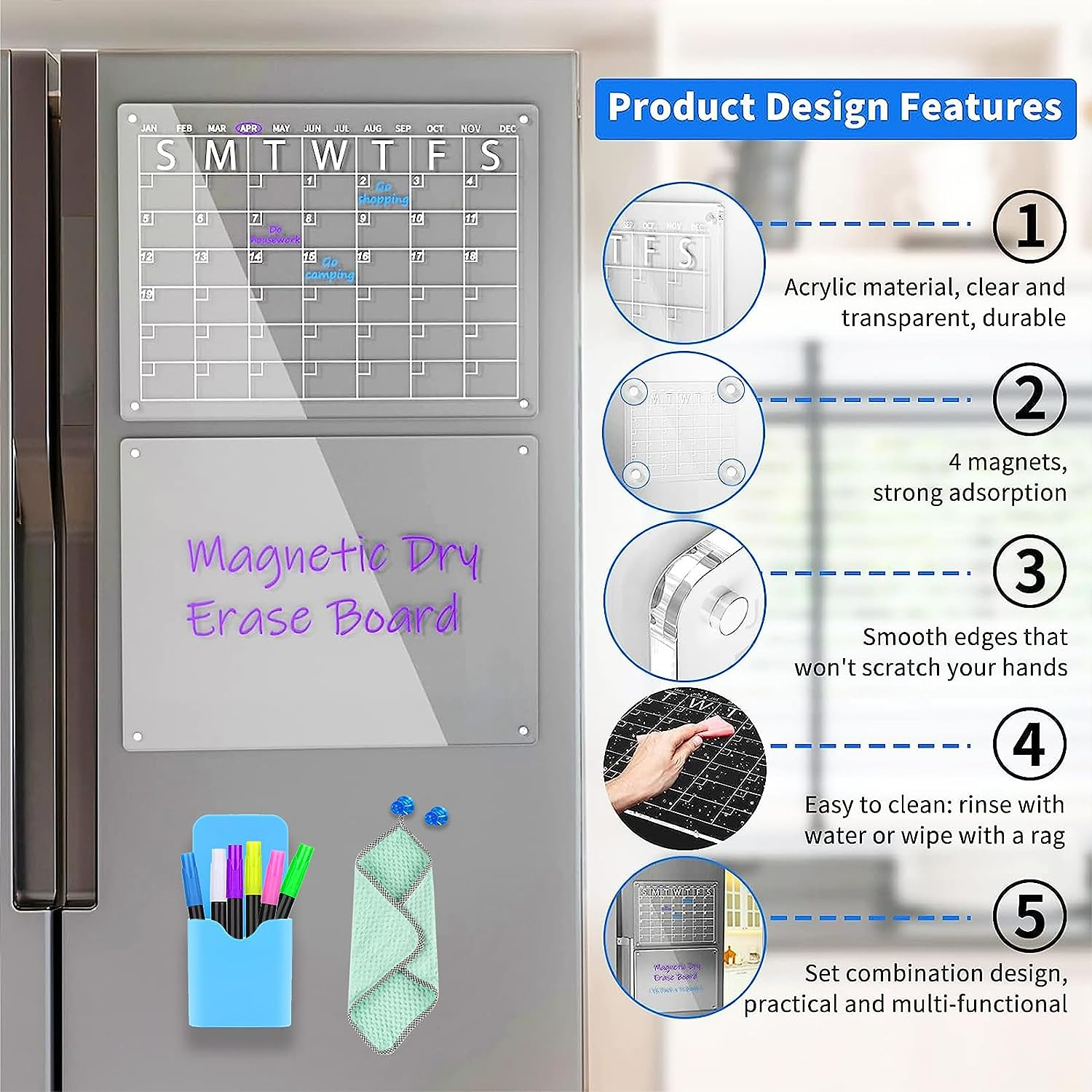 Acrylic Magnetic Fridge Calendar 2Pcs Clear Monthly Planner and Memo Board for Fridge 15.8" X 11.8" Reusable Organiser Board Includes 6 Wet Erase Markers, Markers Holder, Wipe Cloth image number 3