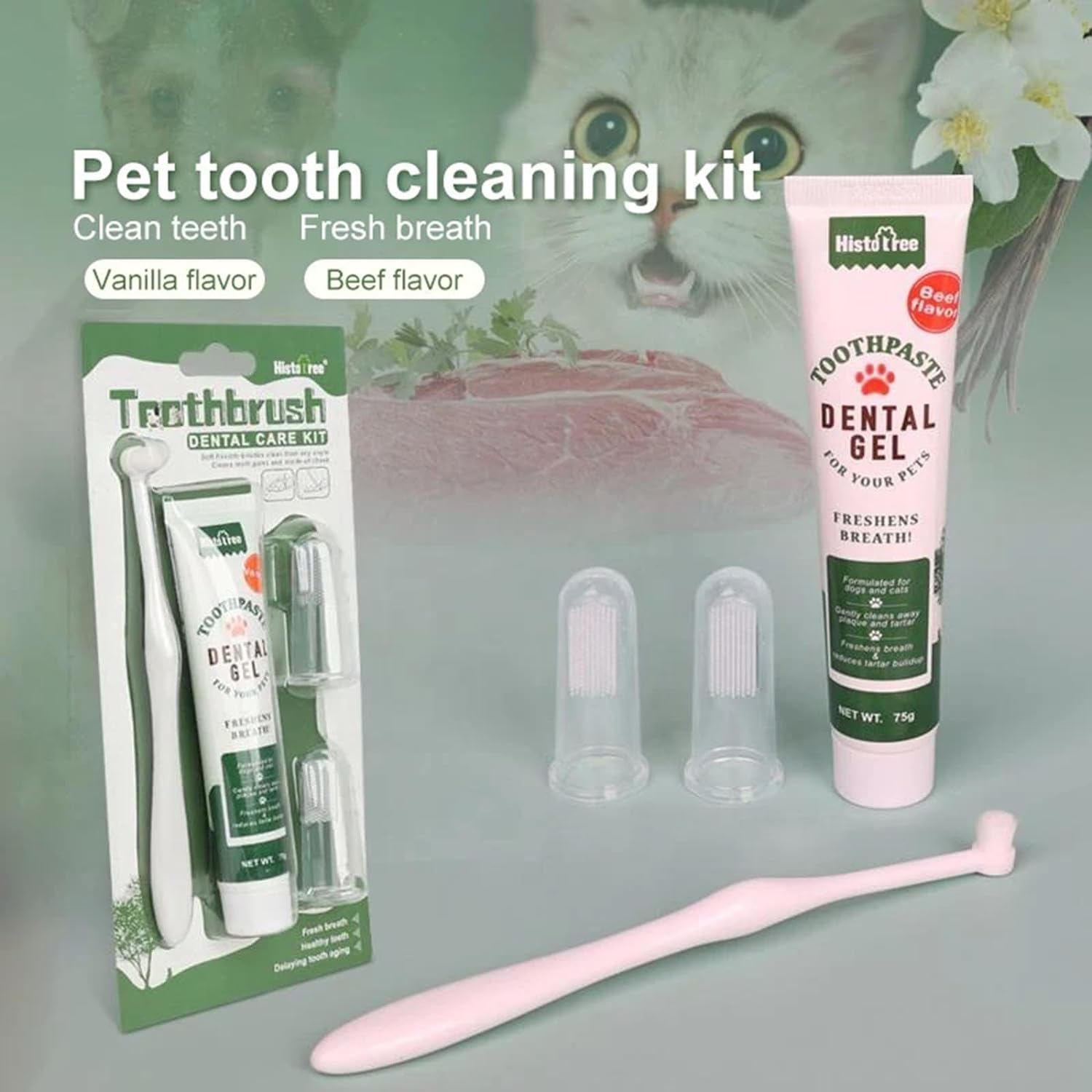Dog Toothbrush and Toothpaste Kit Set for Dog Teeth Cleaning and Care,Extra Fingerbrush Brushing Dog Dental Care Kit Set image number 1