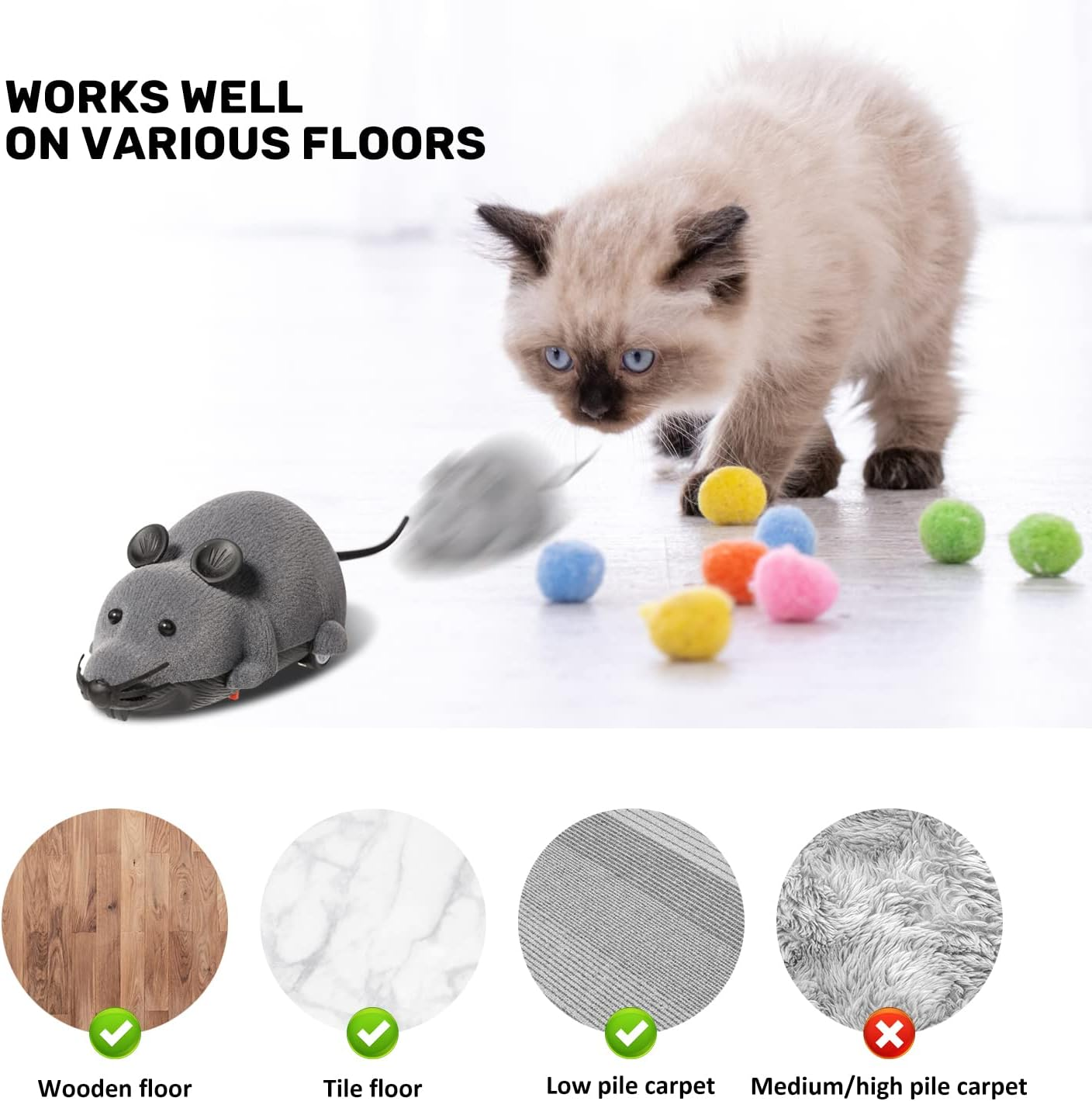 Nicwhite Remote Control Mouse Cat Toy, Interative Moving Cat Toys Wireless Electronic RC Rat Mice Pet Toys for Chase and Exercise (Grey) - Black image number 4