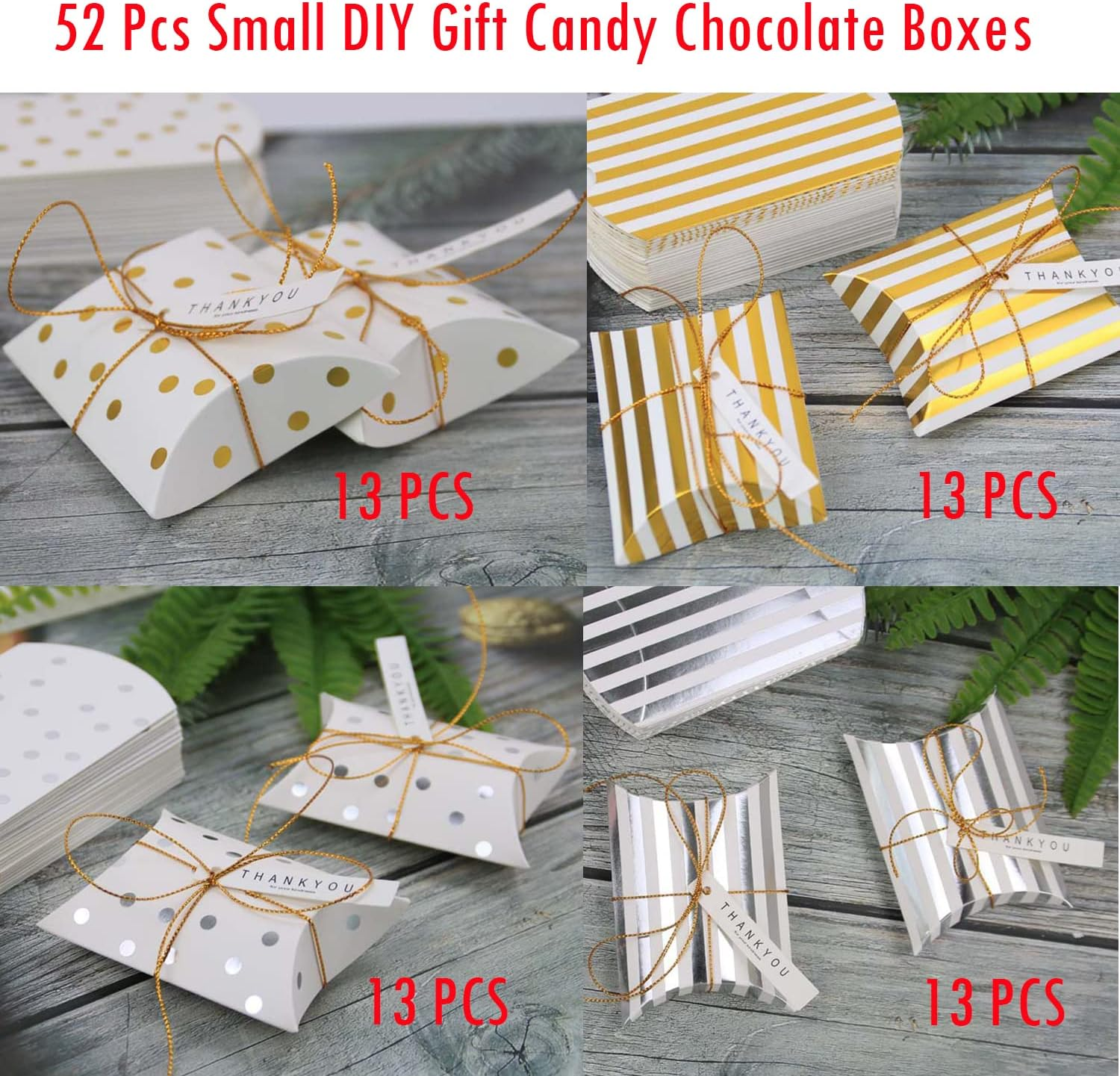 Paifeancodill Pillow Gift Boxes with Gold Ropes, 52 Pcs Small DIY Gift Candy Chocolate Boxes, Wedding Favor Boxes, Paper Gift Boxes, Small Gift Boxes with Ropes, Easy Assemble Boxes for Party Banquet