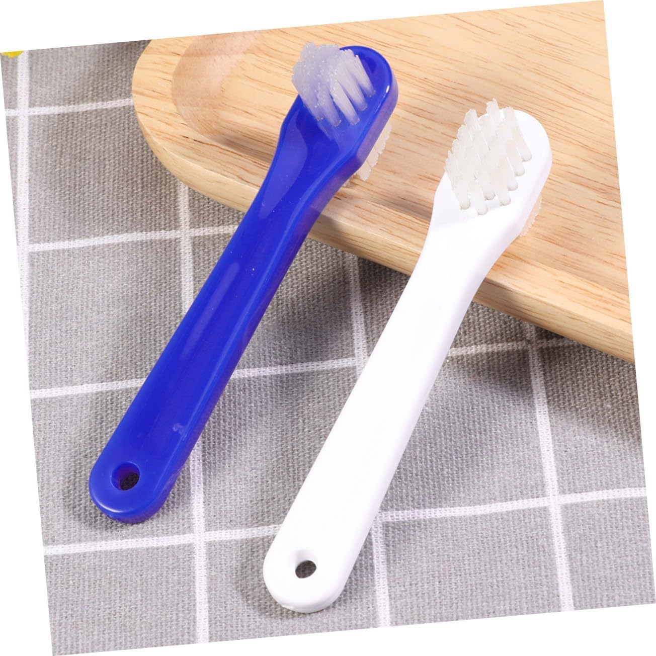 WOFASHPURET 4Pcs Double-Sided Denture Brush with Firm Nylon Bristles for False Teeth Cleaning Non-Slip Handle Portable Includes White and Blue Brushes for Reach Areas and Stain Removal image number 1