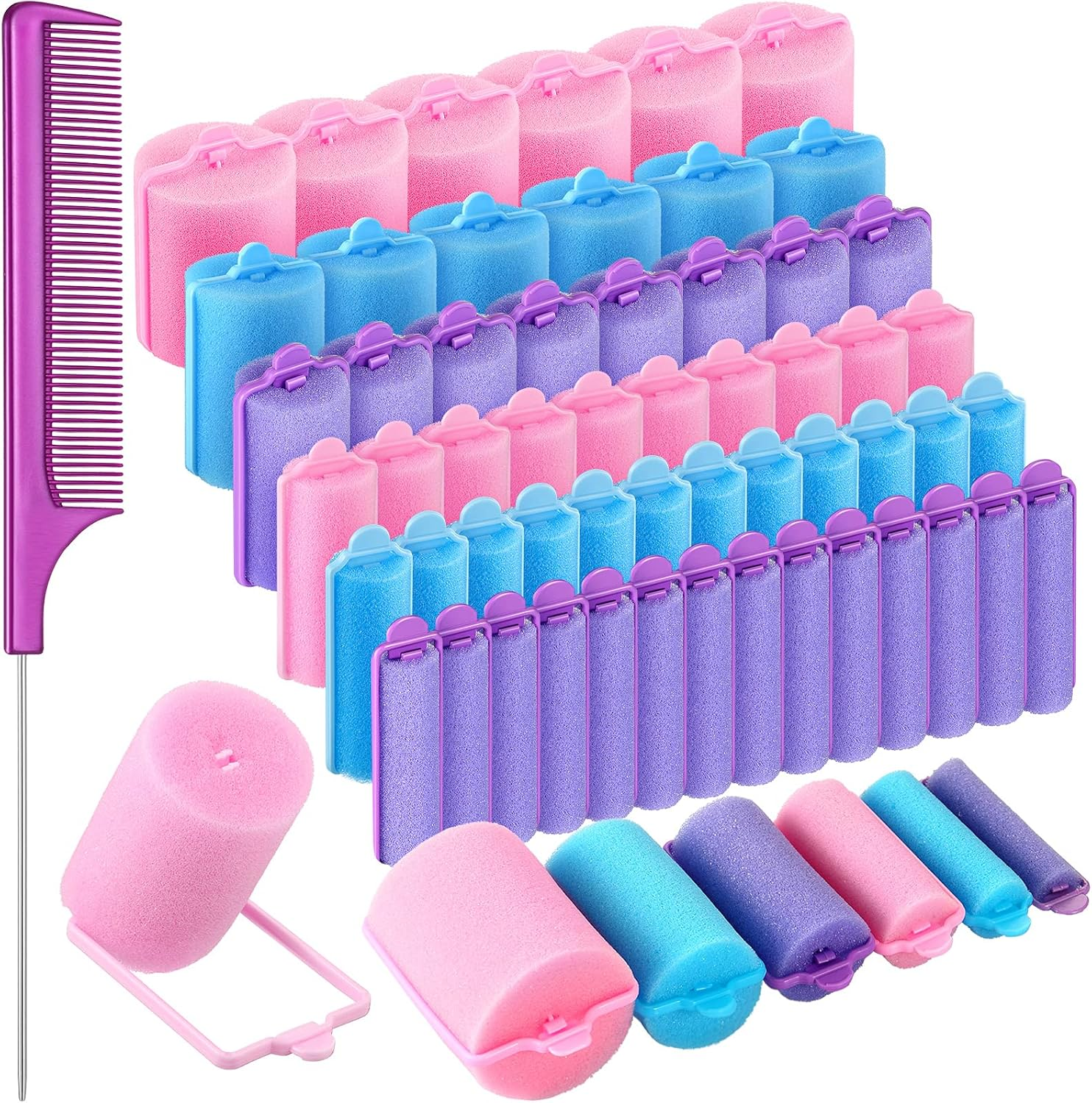 Syhood 56 Pcs Foam Sponge Hair Rollers 6 Sizes Soft Sleeping Curlers Flexible Sponge Curler Tool Rat Tail Comb for Long Short Hair Styling(Black)