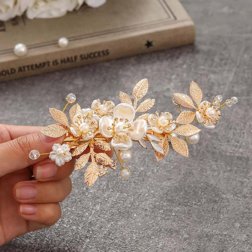 JAKAWIN Gold Hair Clip Bridal Hair Accessories Flower Hair Piece for Women FJ03 (Gold) image number 3