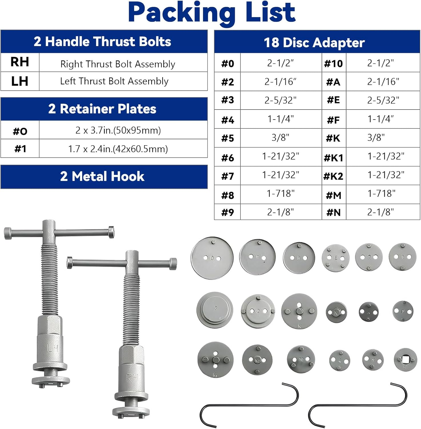 24Pcs Disc Brake Caliper Tool Set with Hooks Brake Tool Kit, Disc Brake Caliper Compression Tool, Caliper Piston Compressor Tool Includes 18 Adapters, Left/Right Thrust Bolts, Plates, Pad Replacement image number 2