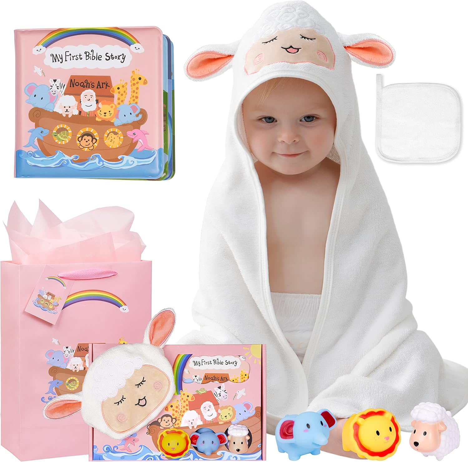 My First Noahs Ark 7 Pcs Baptism Gift Set, Dedication, Christening and Baptism Gifts for Girl and Newborn Baby, Includes Bamboo Washcloth and Hooded Towel, Baby Bath Book, 3 Bath Toys and Gift Bag