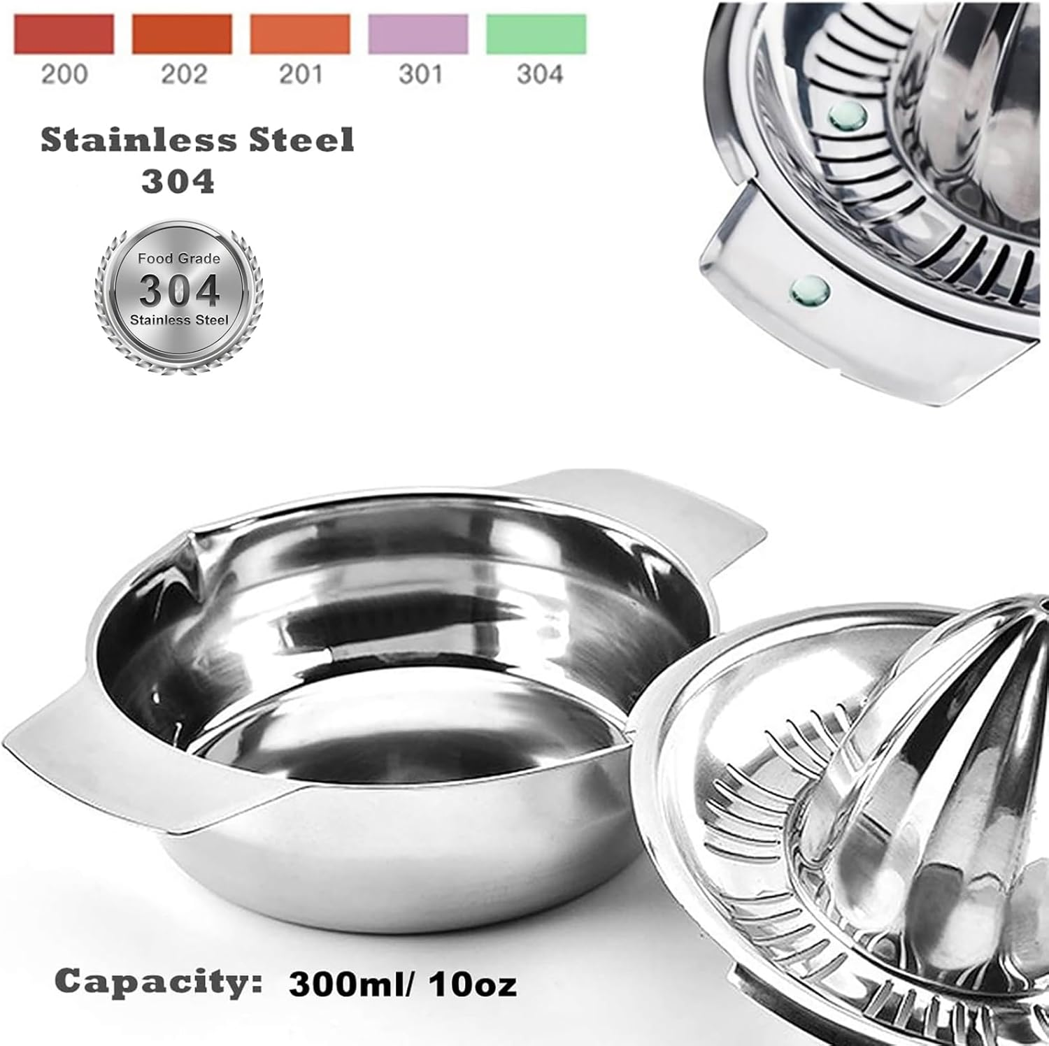 EP Leben 304 Stainless Hand Juicer Rotation Press with Strainer＆10Oz Bowl, 2 Pour Spouts, Citrus Lemon Orange Grapefruit Juicer Manual Squeezer, Easy to Clean, Dishwasher Safe