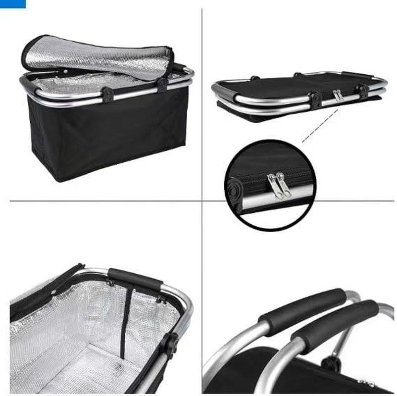 Picnic Basket Cooler Grocery Bag Laundry Basket Collapsible Portable Foldable Insulated Strong Aluminum Frame Handle for Travel, Shopping, Camping Colour Sent at Random image number 1