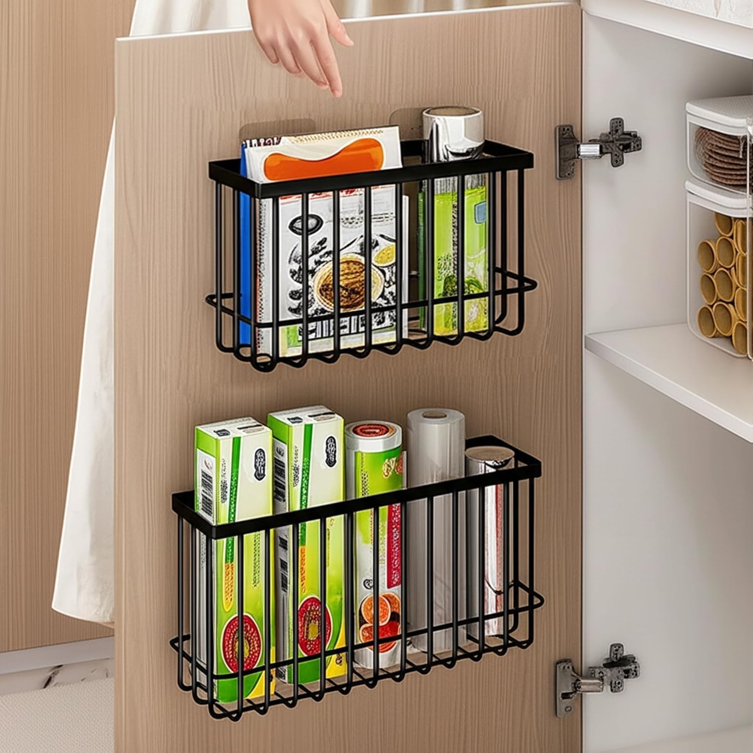 2 Packs Kitchen Cabinet Door Storage Box, Refrigerator Side Organizer, Self-Adhesive Storage Box, Wall Mounted Metal Storage Baskets, Bathroom/Cabinet/Kitchen Items Organiser Storage Box image number 6