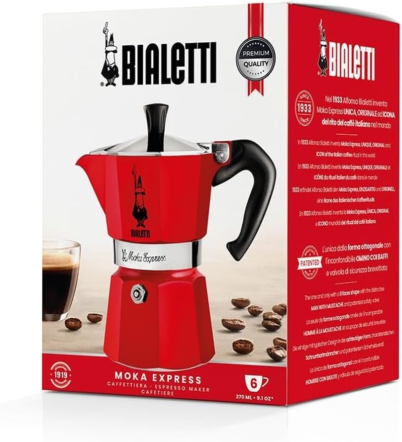 Bialetti - Moka Express: Red Iconic Stovetop Espresso Maker, Makes Real Italian Coffee, Moka Pot 6 Cup (270Ml), Aluminium, Red image number 6
