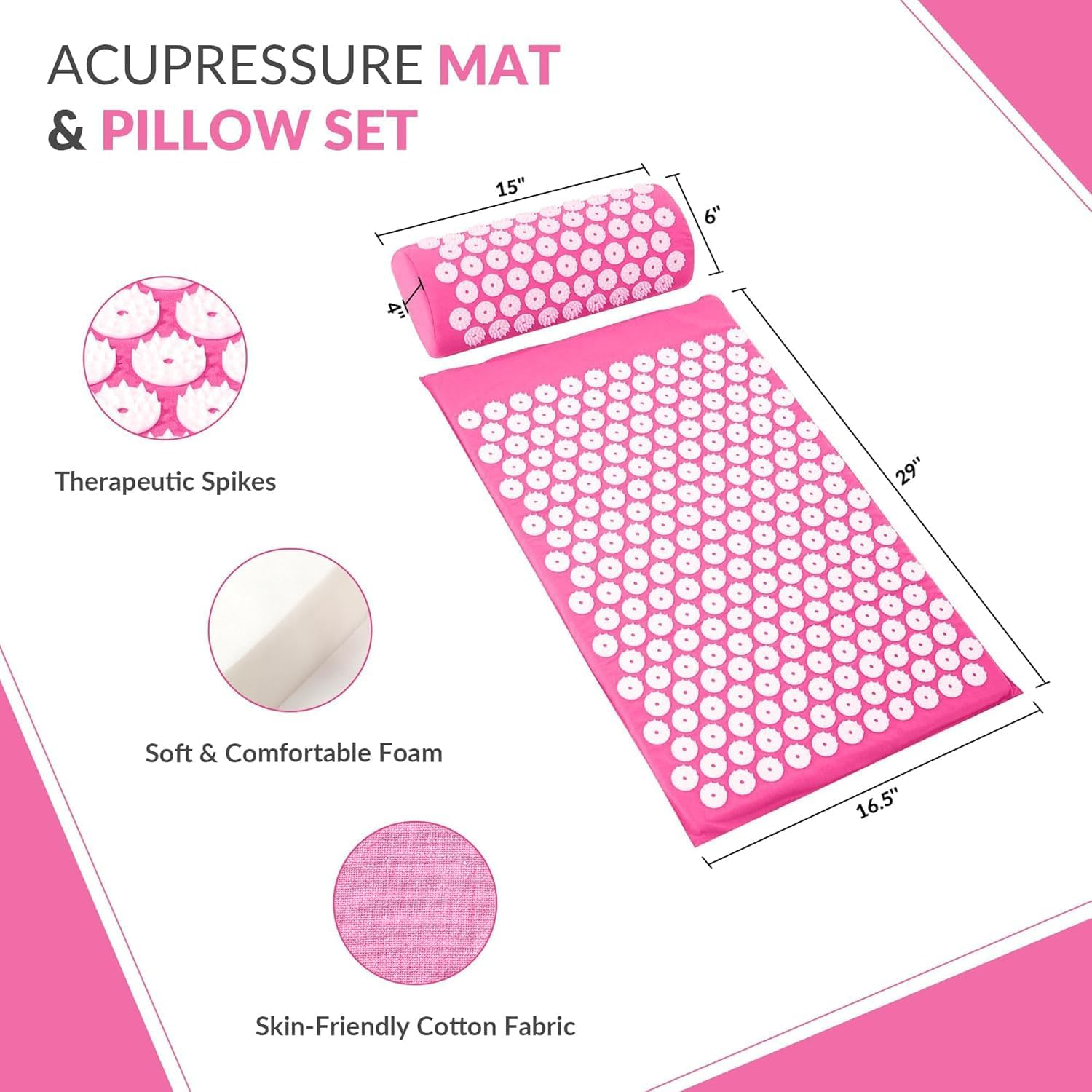 Acupressure Mat & Pillow Set for Back and Neck Pain Relief &ndash; Spiky Acupuncture Massage Mat for Muscle Relaxation, Stress Reduction & Improved Circulation (Pink) - Pink image number 5