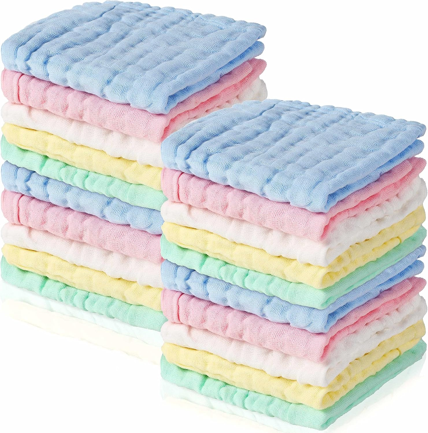 Breling 20 Pcs Baby Muslin Washcloth 12 X 12 Inch 100% Cotton Soft and Absorbent Muslin Washcloth Burp Cloth Wipe Newborn Face Towel for Baby Boy Girl Sensitive Skin(White, Light Blue, Blue)