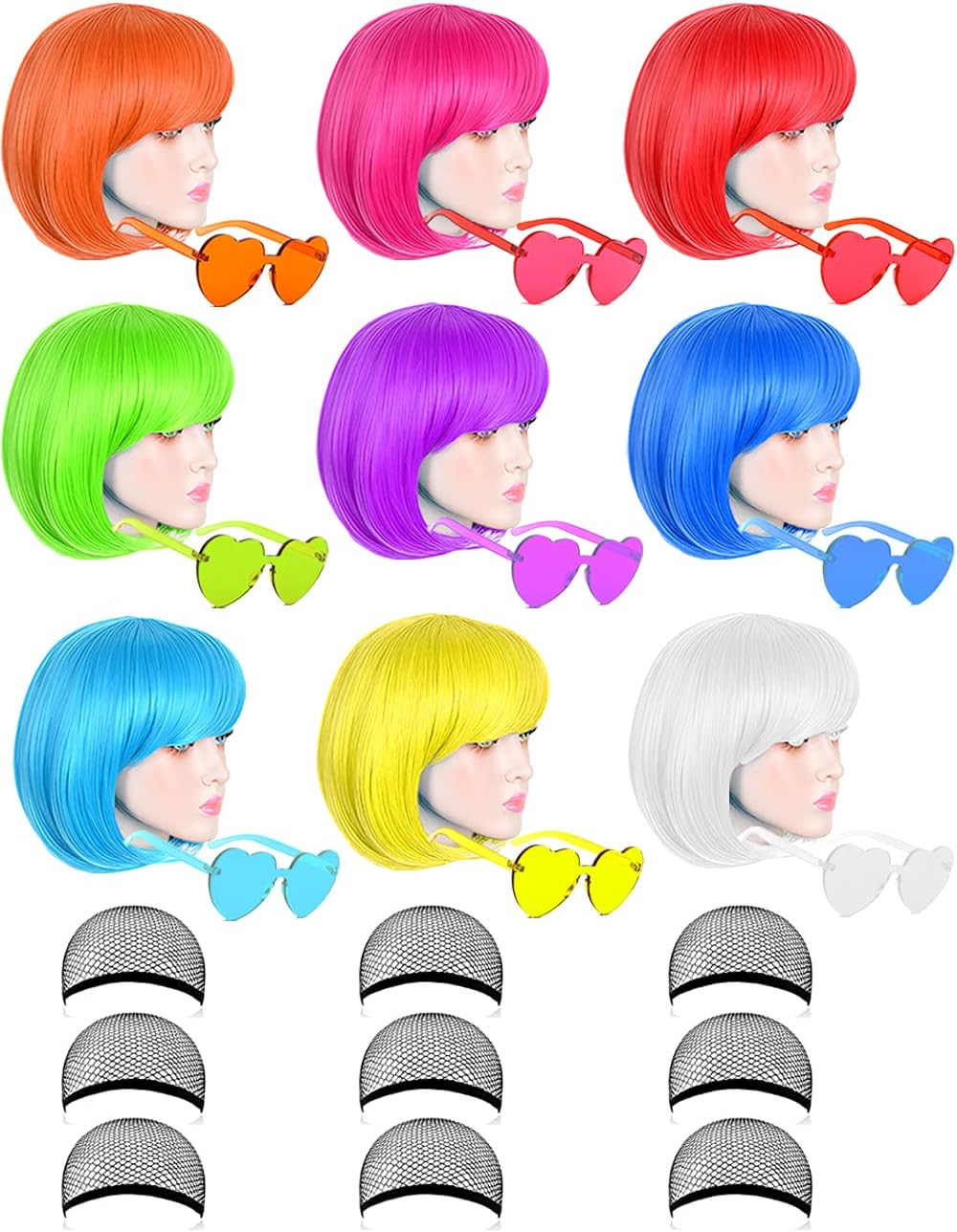 LOHO MAGICA 9 Pack Colored Wigs, Funky Colorful Wigs, Short Bob Hair Wigs, Neon Party Wig, Cosplay Wig with Rimless Heart Shape Sunglasses - One Size for All Women Adults Halloween Costume Night Club image number 1