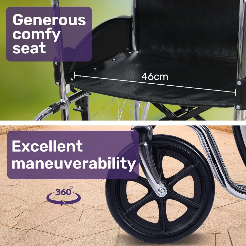 "Equipmed Folding Manual Wheelchair Self Propelled, 24"" Rear Wheels, Chrome Steel Frame, 46Cm Wide Seat, 100Kg Capacity, Park Brakes" image number 6