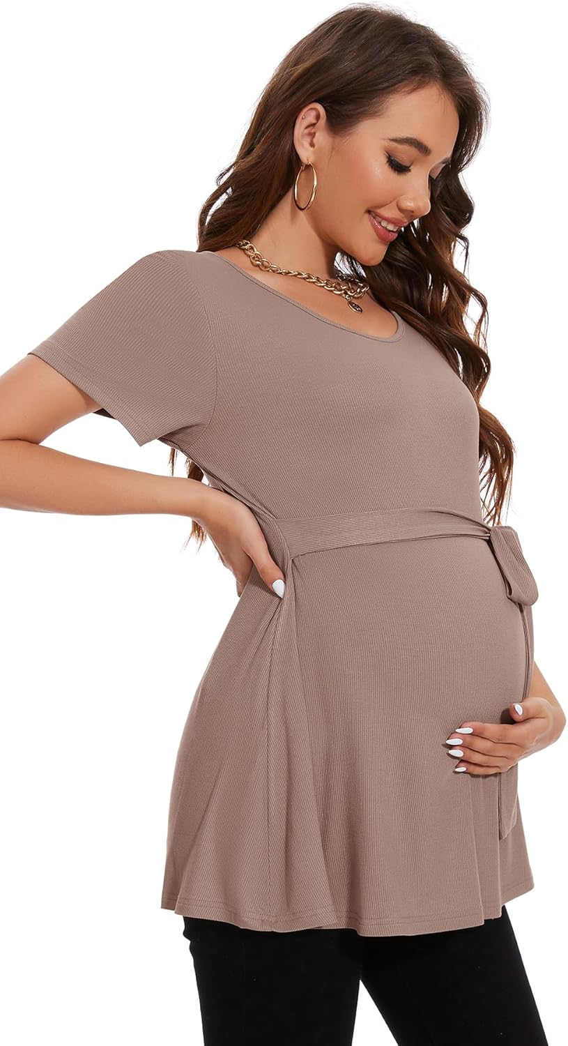 Smallshow Women'S Maternity Shirts Tie Front Short Sleeve Pregnancy Tops Clothes image number 6