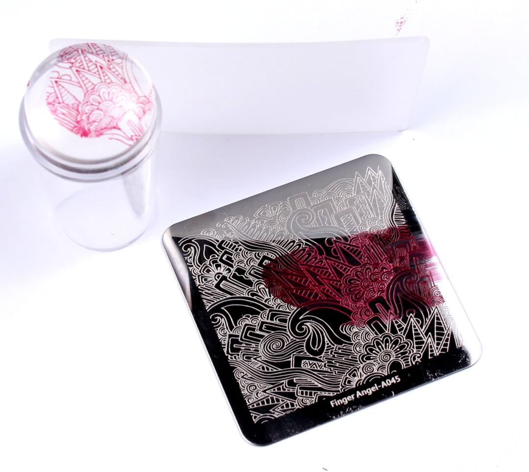 Finger Angel 10 Nail Template +1 Full Clear Silicon Nail Stamper + 1 Scraper Nail Art Image Stamp Stamping Plates Manicure Template Nail Art Tools