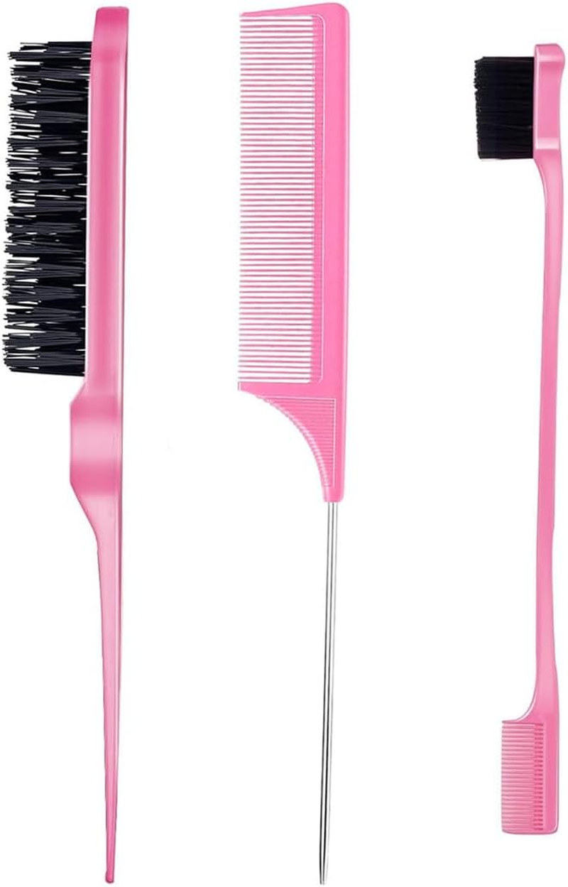 3 Pcs Slick Back Hair Brush, Edge Control Brush Kit - Includes Bristle Brush, Rat Tail & Parting Comb, Teasing Comb for Curly Hair, Sleek Ponytails, Smoothing Baby Hair & Flyaways for Women & Girls (Pink)