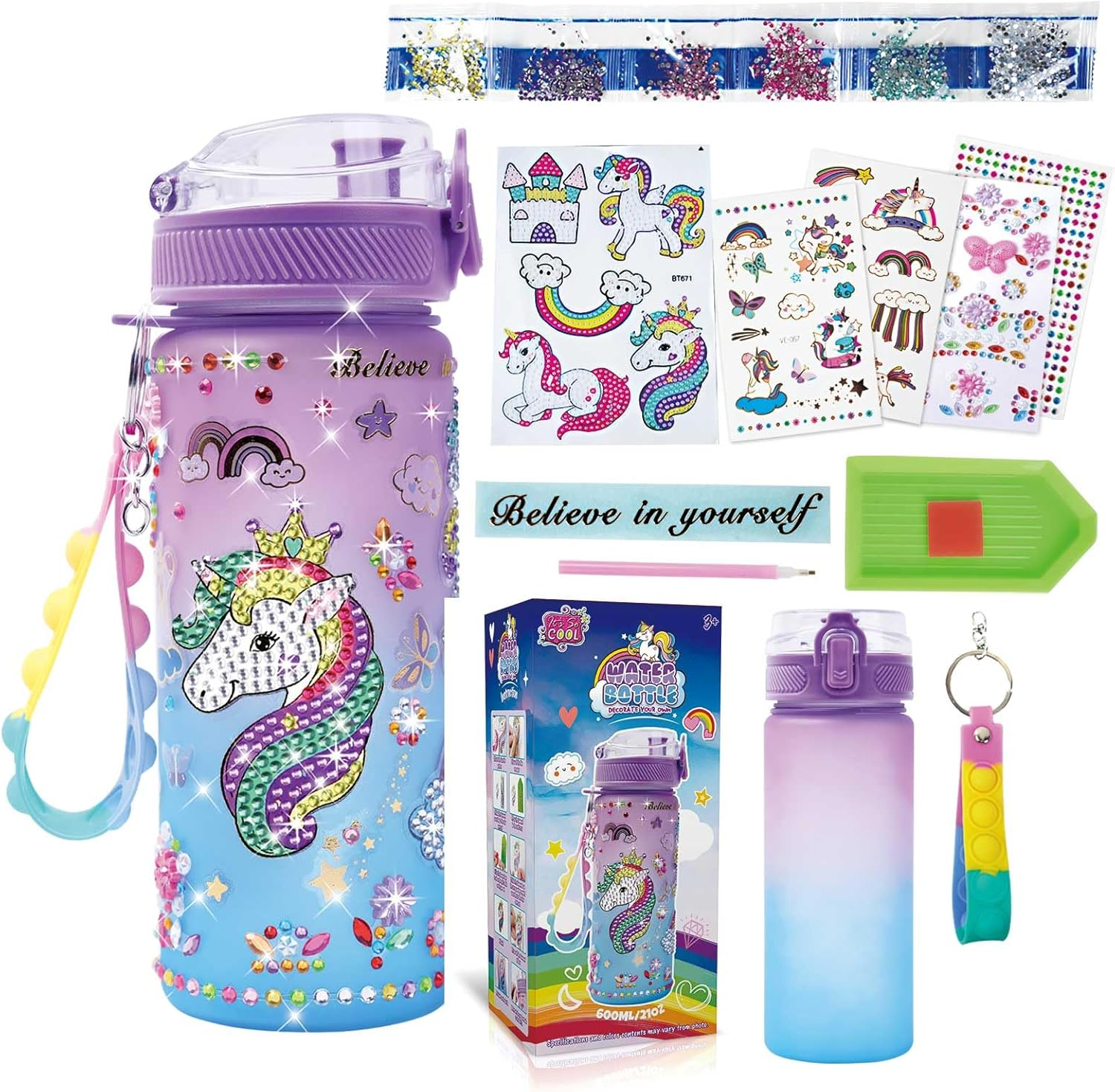 Decorate Your Own Water Bottle Kits for Girls Age 4-12, Unicorn Gem Diamond Painting Crafts, Kids Arts and Crafts Kits Girls Toys Gifts for 4-12 Year Old Girls Birthday Gifts (Unicorn 600Ml) image number 4