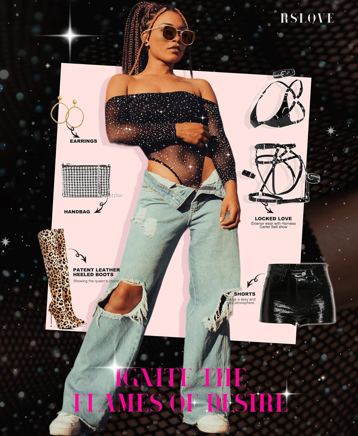 RSLOVE Women Lingerie Fishnet Bodysuit Sparkle Rhinestone Sexy Mesh Teddy Lingerie