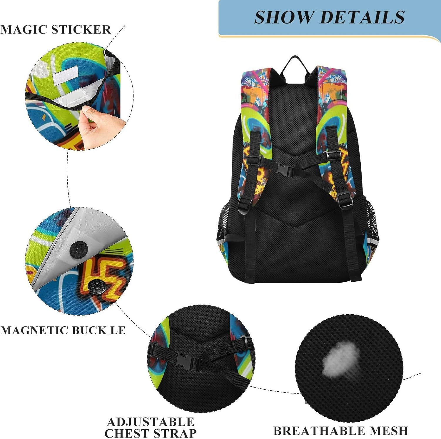RPLIFE Colorful Graffiti Back Packs for Kids, Cool Backpacks for School for Boys, Girls Big Backpack, Colorful Graffiti, One Size, Traditional Backpacks image number 2