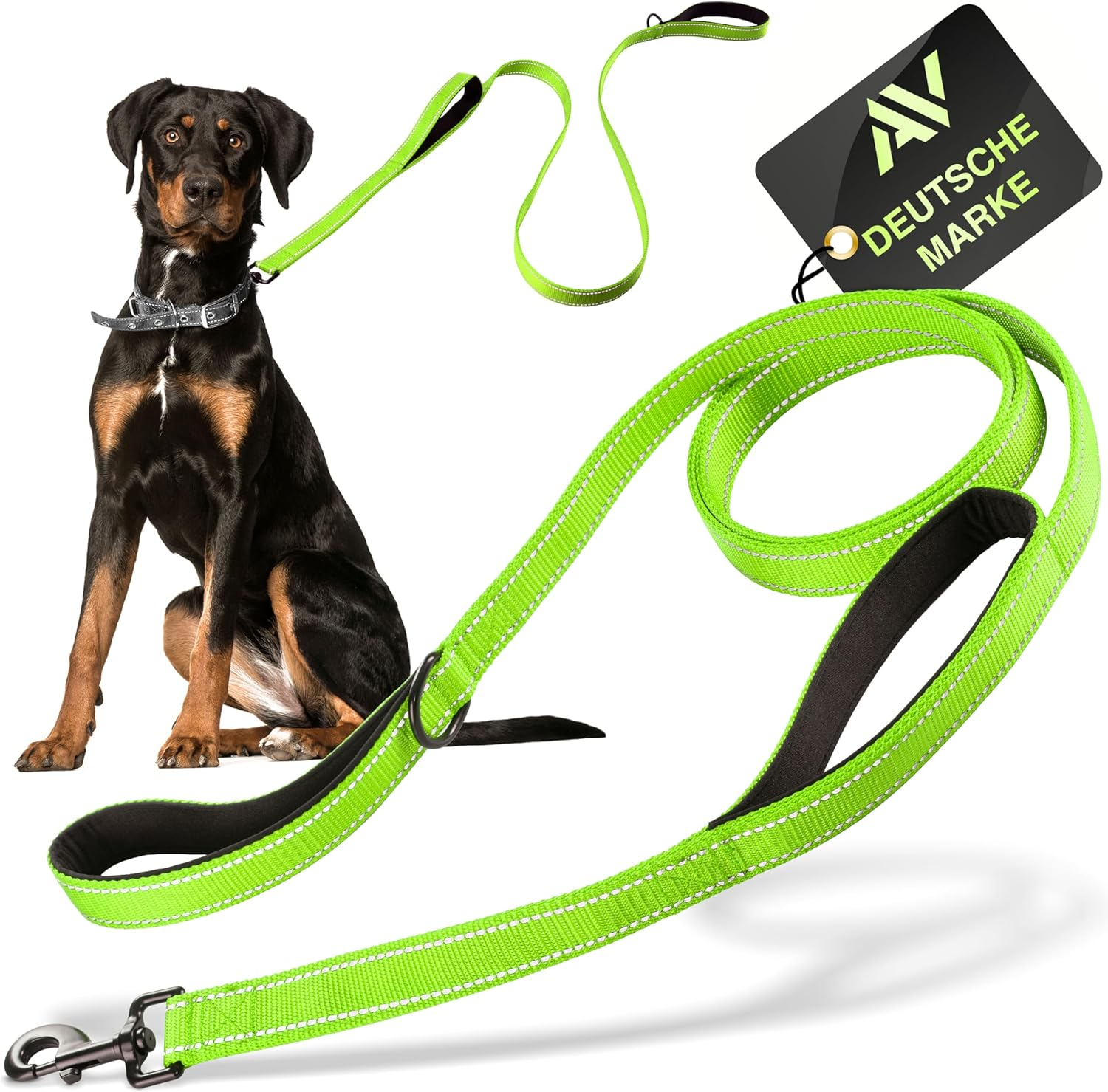 AVANA Reflective Dog Lead with Integrated Short Lead, 2 Hand-Friendly Padded Hand Loops, 1.5 M Long Reflector Nylon Lead for Large and Medium Dogs, Neon Green