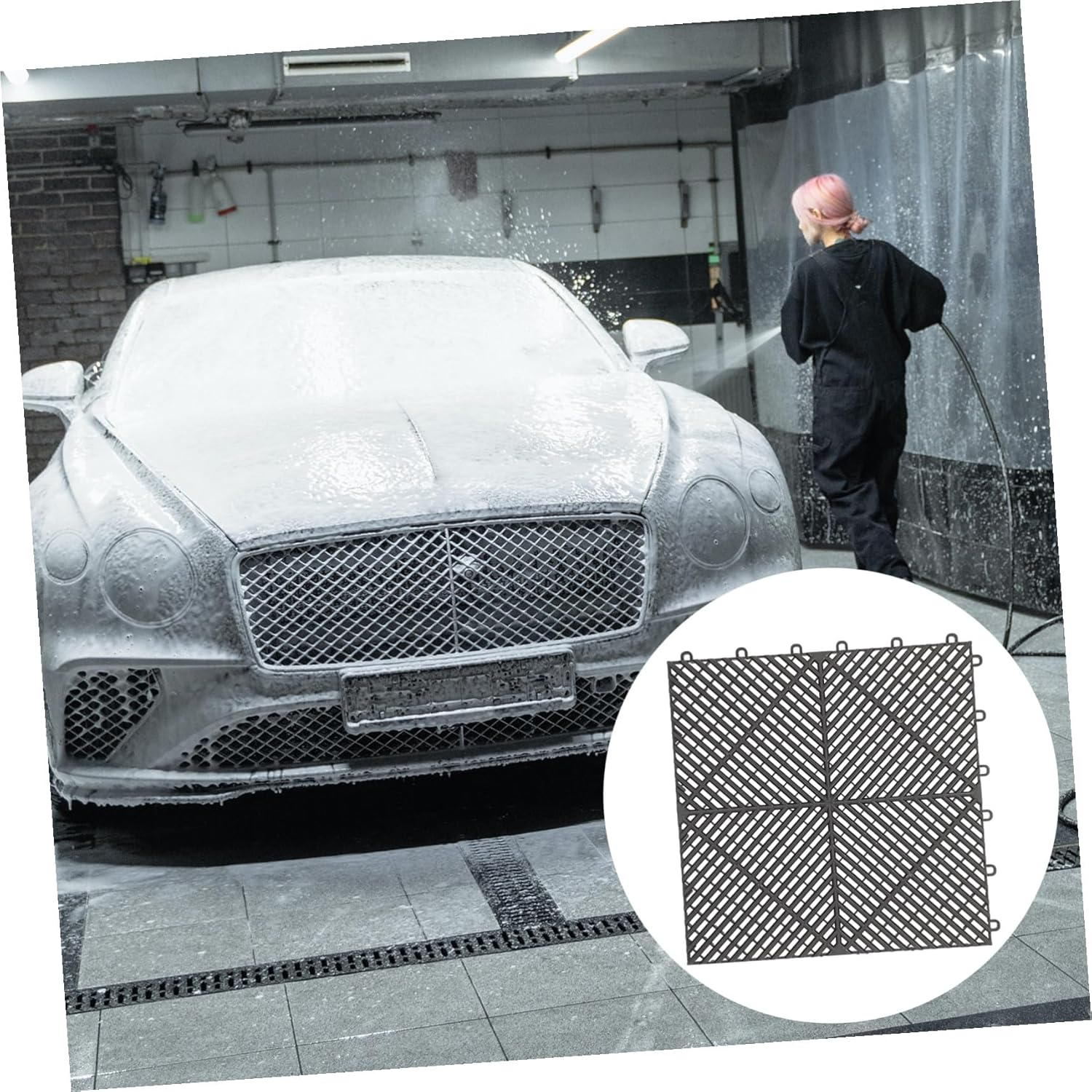 PRETYZOOM 2Pcs Modular Interlocking Floor Tile Mats with Drain Non-Slip Car Wash Drainage Mats for Wet Areas Bathroom Pool Deck Material image number 4