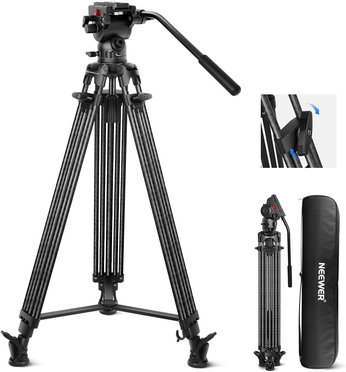 NEEWER LL34 78" Video Camera Tripod One Step Quick Release with Adjustable Damping Fluid Head, Heavy Duty Carbon Fiber Tripod with Dual Mode QR Plate Compatible with Manfrotto DJI RS, Max Load 22Lb image number 4