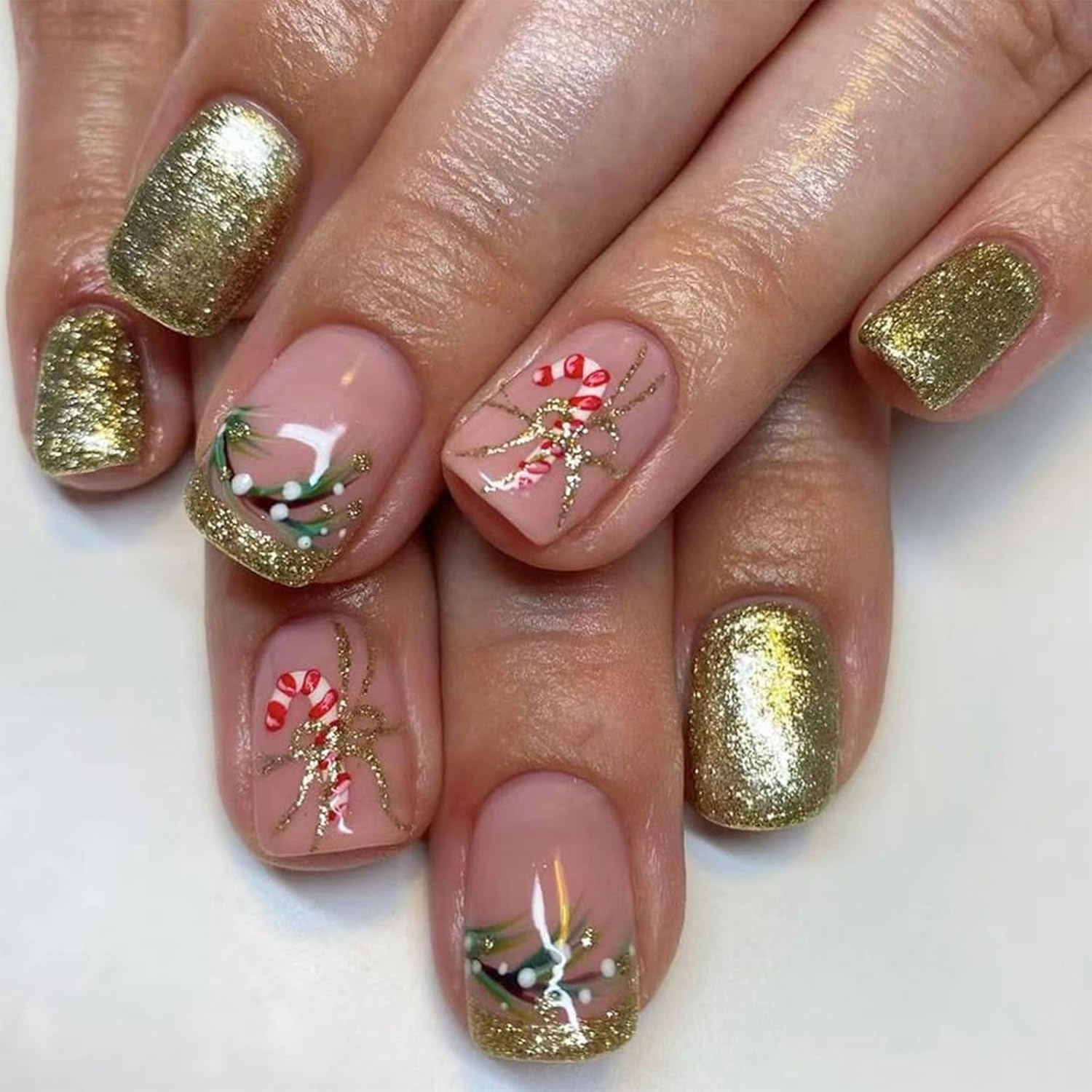 24PCS Christmas Press on Nails,Cute Short Square Xmas False Nails,Funny Fake Nails with Gingerbread Man and Snowflakes Design,Unique Glossy Manicure for Women or Girls