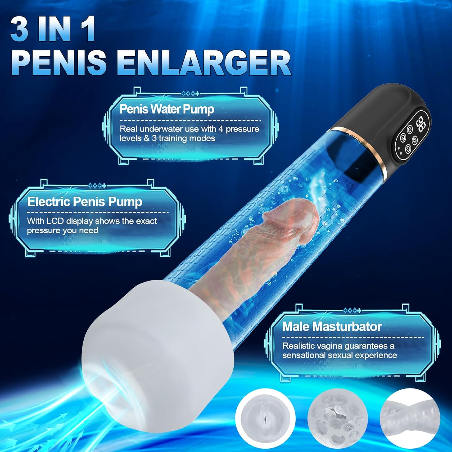 Electric Penis Pump Male Masturbators, Air Water Pump with 4 Pressure & 3 Training Modes, 3 in 1 Waterproof Automatic Vacuum Penis Enlarger, with 6 Penis Rings, Sex Toys for Men Shower, Bathtub & Pool image number 2