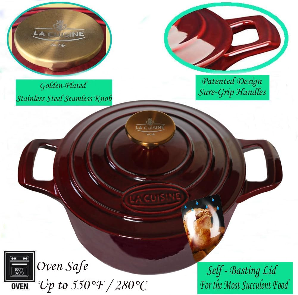 La Cuisine Enameled Cast Iron Dutch Oven Casserole Dish Pot with Lid, 2.1 QT 7.9&ldquo; Dia. Matte Black Enamel Interior, Cranberry Enamel Finish Exterior, Gold-Plated Stainless Steel Lid Handle Oven Safe image number 2