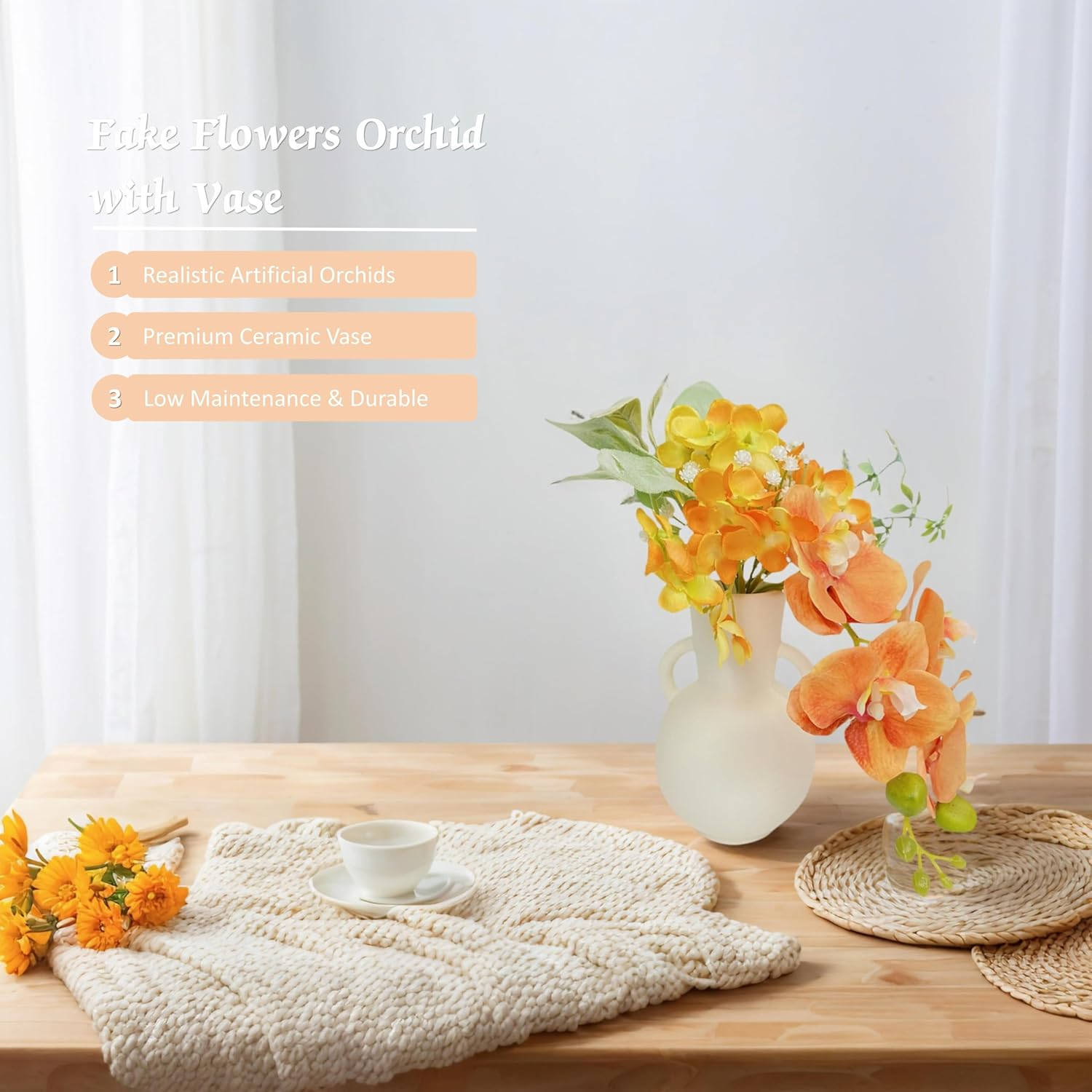 Noristyle Artificial Flowers for Decorations, Fake Flowers Orchid with Vase for Office Desk Table Decor for Women, Her, Girlfriend, Birthday Gifts - White image number 5