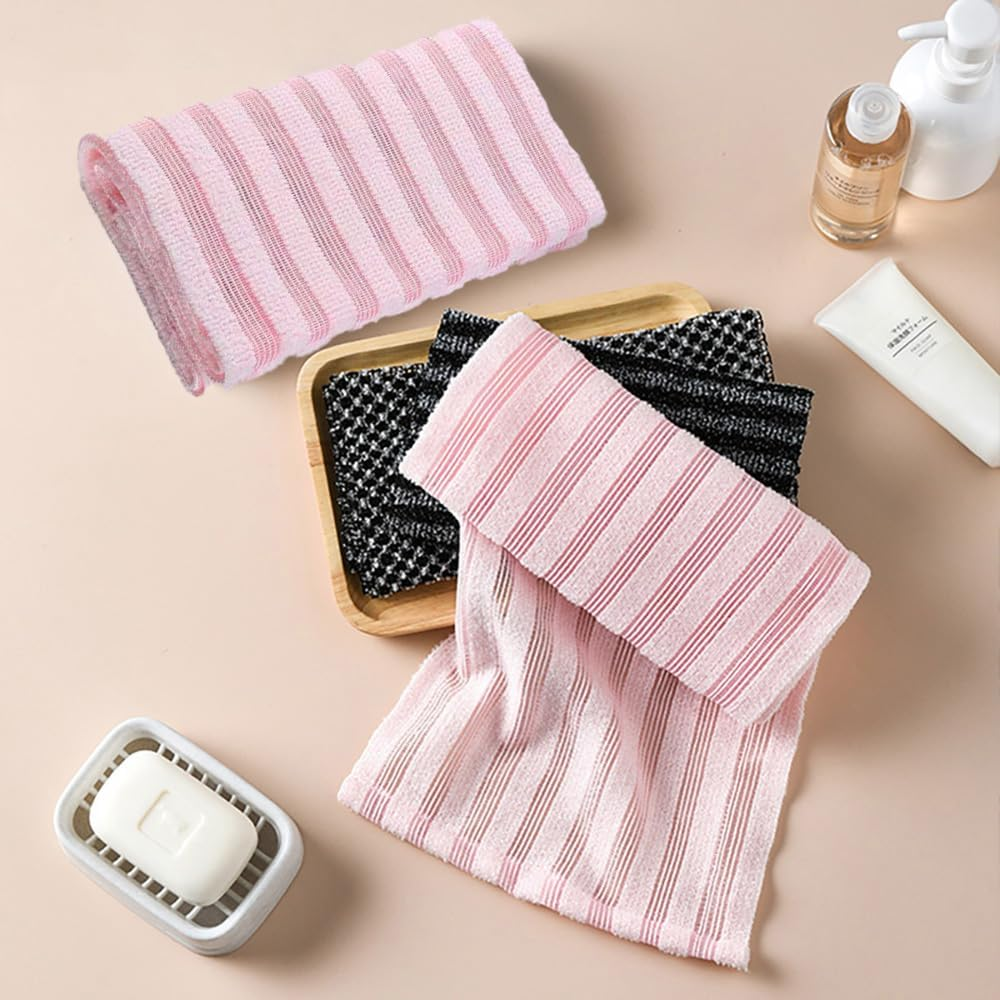 Exfoliating Body Scrubber，2 Pack Back Scrubber for Shower Bath, Japanese Scrub Wash Cloth, Exfoliating Washcloth Towel for Men Women, Body Exfoliator Loofah Luffa Sponge Net Rag Back Washer (Streaks & Pink) image number 6