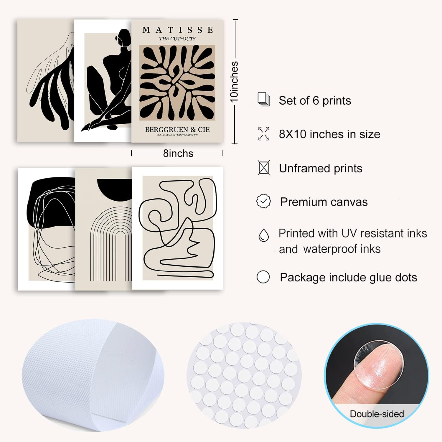 Quzenu Boho Wall Art Mid Century Modern Decor Canvas Prints Set of 6 Black and White Neutral Abstract Boho Wall Decor for Bedroom Living Room Bathroom 8"X10" UNFRAMED - Black image number 6