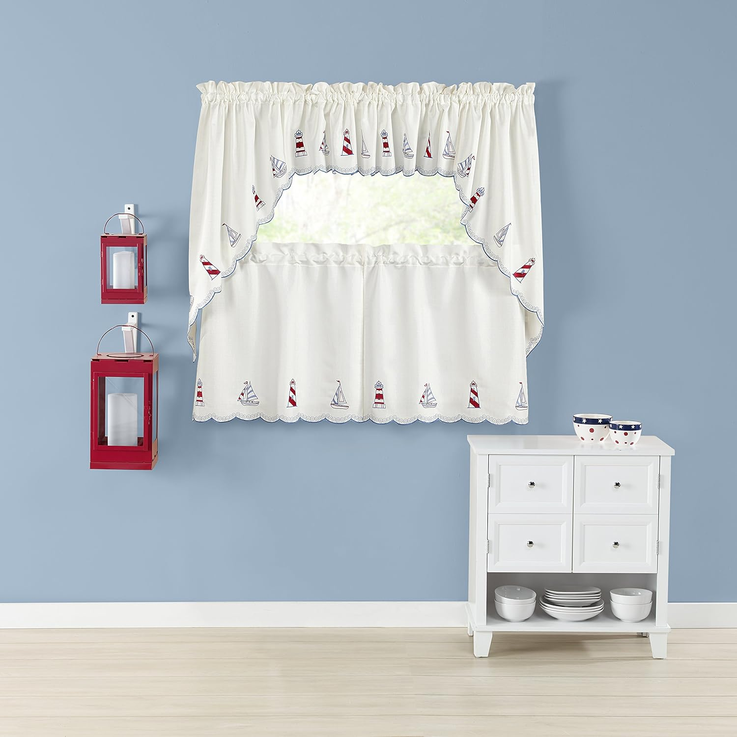 RENAISSANCE Home Fashion Lighthouse Embroidered Tier Pair, Lighthouse, 58" X 12" | Valance image number 1