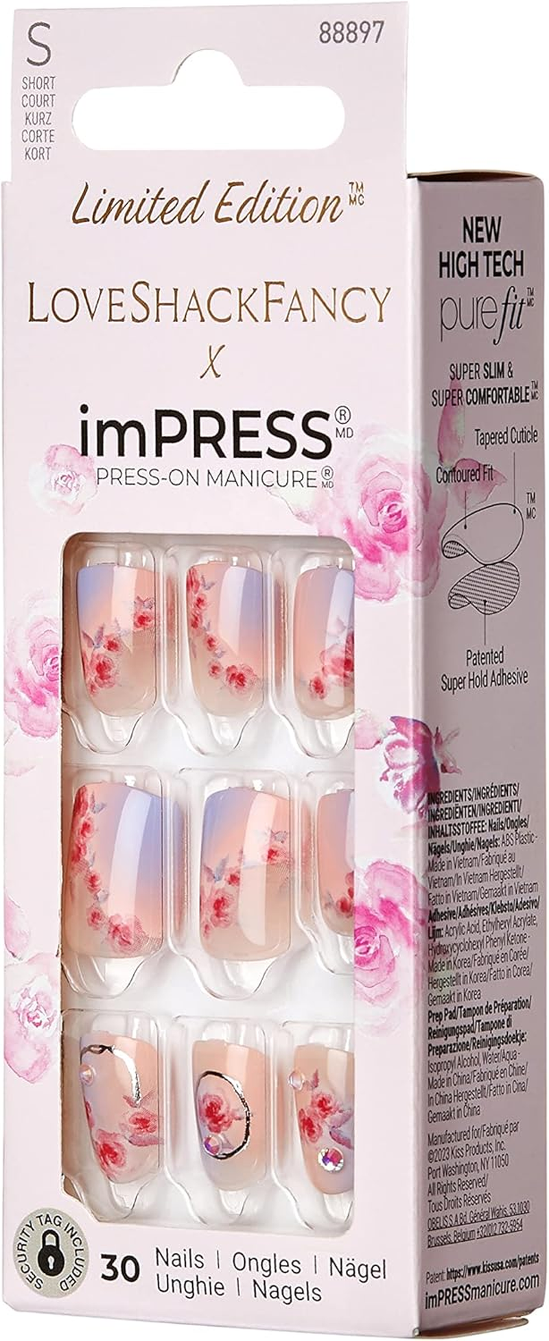 Impress KISS Loveshackfancy X Press-On Manicure Limited Edition, Style "Sunkissed Peach" Short Square Pink Press-On Nails, Includes Prep Pad, Mini Nail File, Cuticle Stick, & 30 Fake Nails
