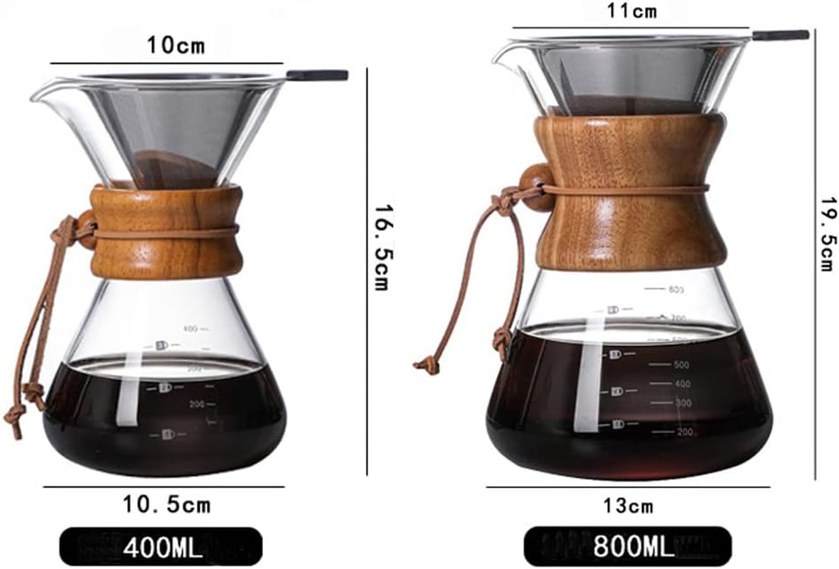 Wood Neck Pour over Coffee Maker with Reusable Stainless Steel Filter and Coaster Pad, 400 Ml Borosilicate Glass Coffee Carafe, Wooden Collar, Coffee Dripper Brewer, Hold 2 Cups