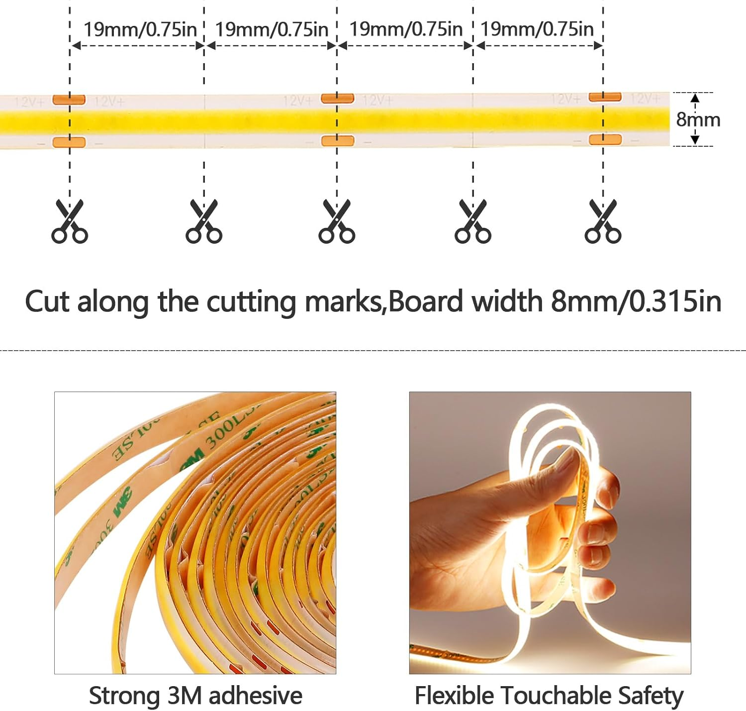GOMING COB LED Strip 12V Natural White 4000K Waterproof IP65 5M 11W/M CRI 93+ High Density Linear Luminescence 312LED/M LED Lights for Living Room Bedroom and More(No Power) image number 6