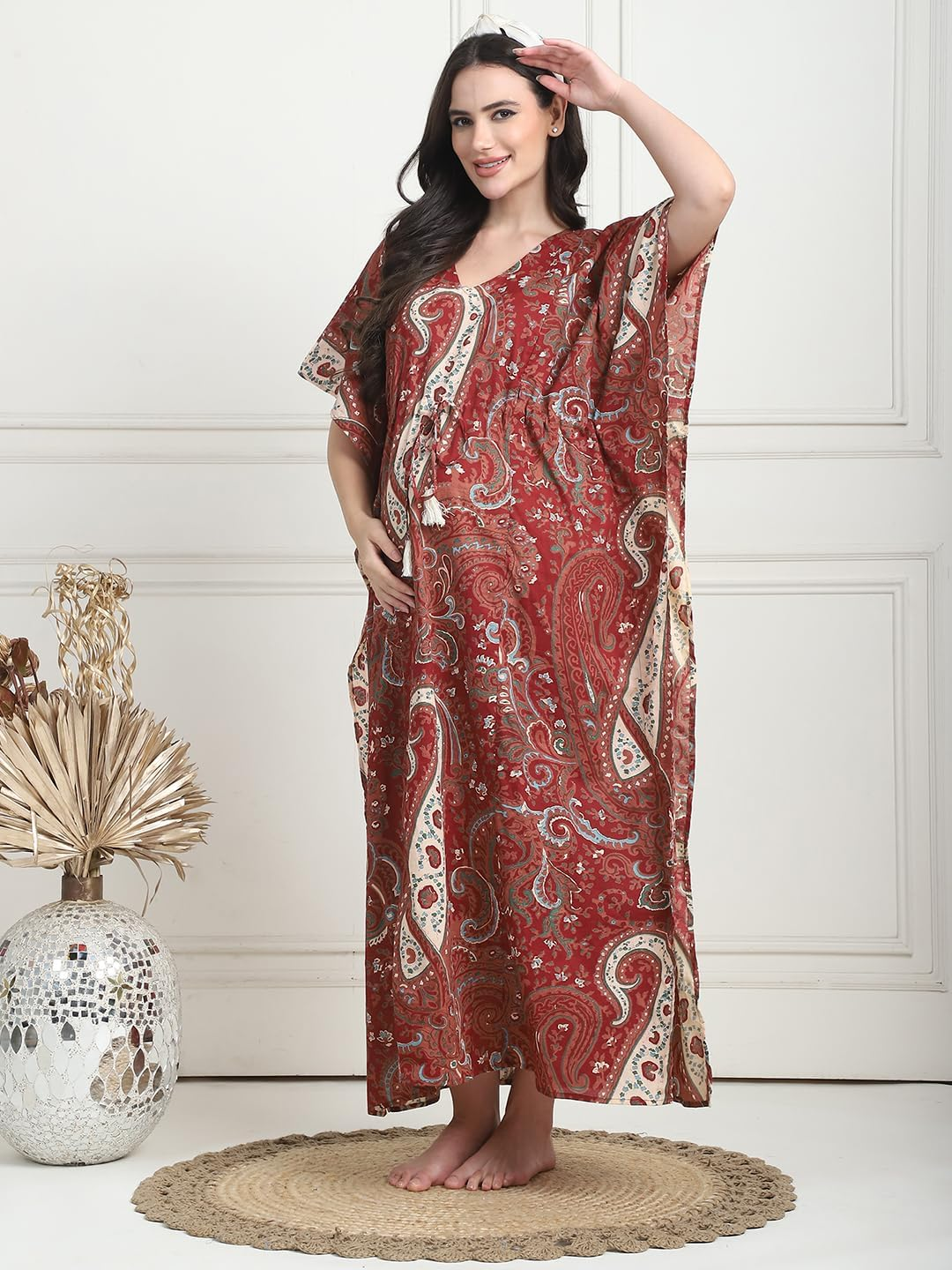 Secret Wish Printed Cotton Maternity Kaftan Full Length/Nighty/Free Size/Feeding/Nursing/Zipper/Drawstring image number 6