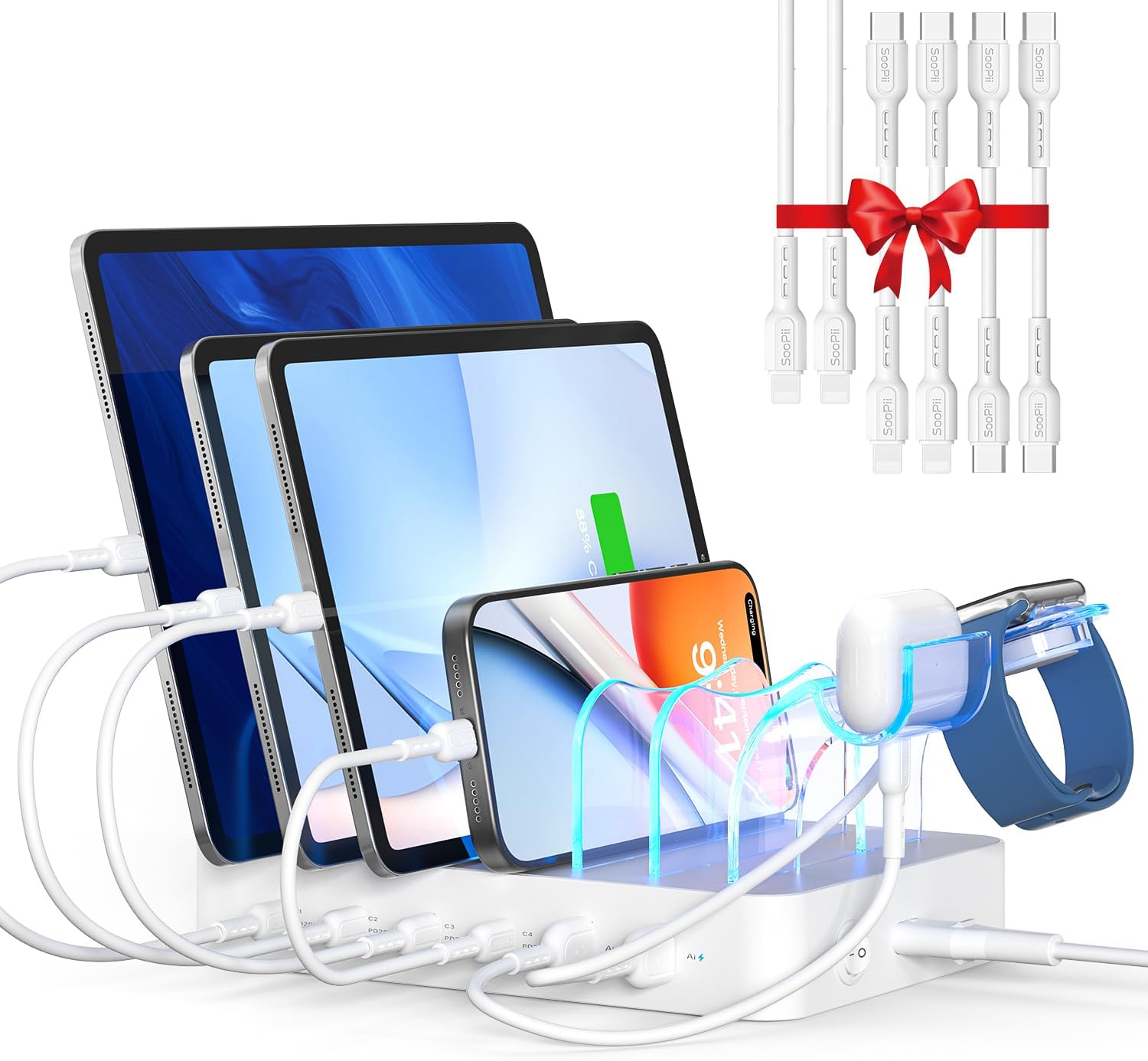 Soopii 90W Charging Station for Multiple Devices, 6 Port Multi USB C Charger Station with 6 Mixed Short Cables,Pd 20W Charging Dock for Lphone,Galaxy,Ipad,Tablet and More Electronic Devices,White