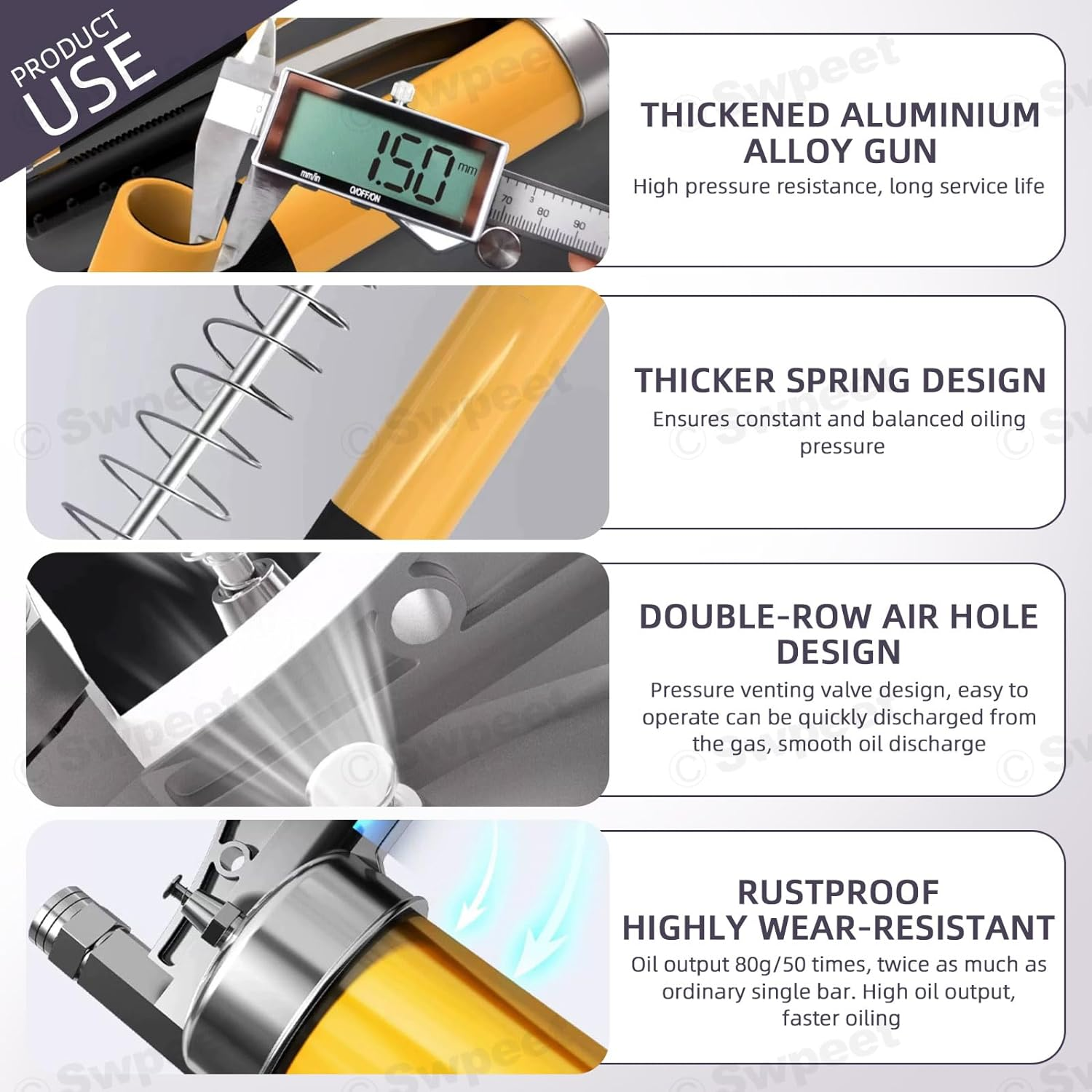 Swpeet 7Pcs 8000 PSI Yellow Heavy Duty Pistol Grip Grease Gun Kit with 14 Oz Load Includes 12" Spring Flex Hose 5" Bend Pipe Straight Pipe 1" Sharp Type Nozzle 2Pcs 1" Normal Coupler for Zerk Fittings image number 2