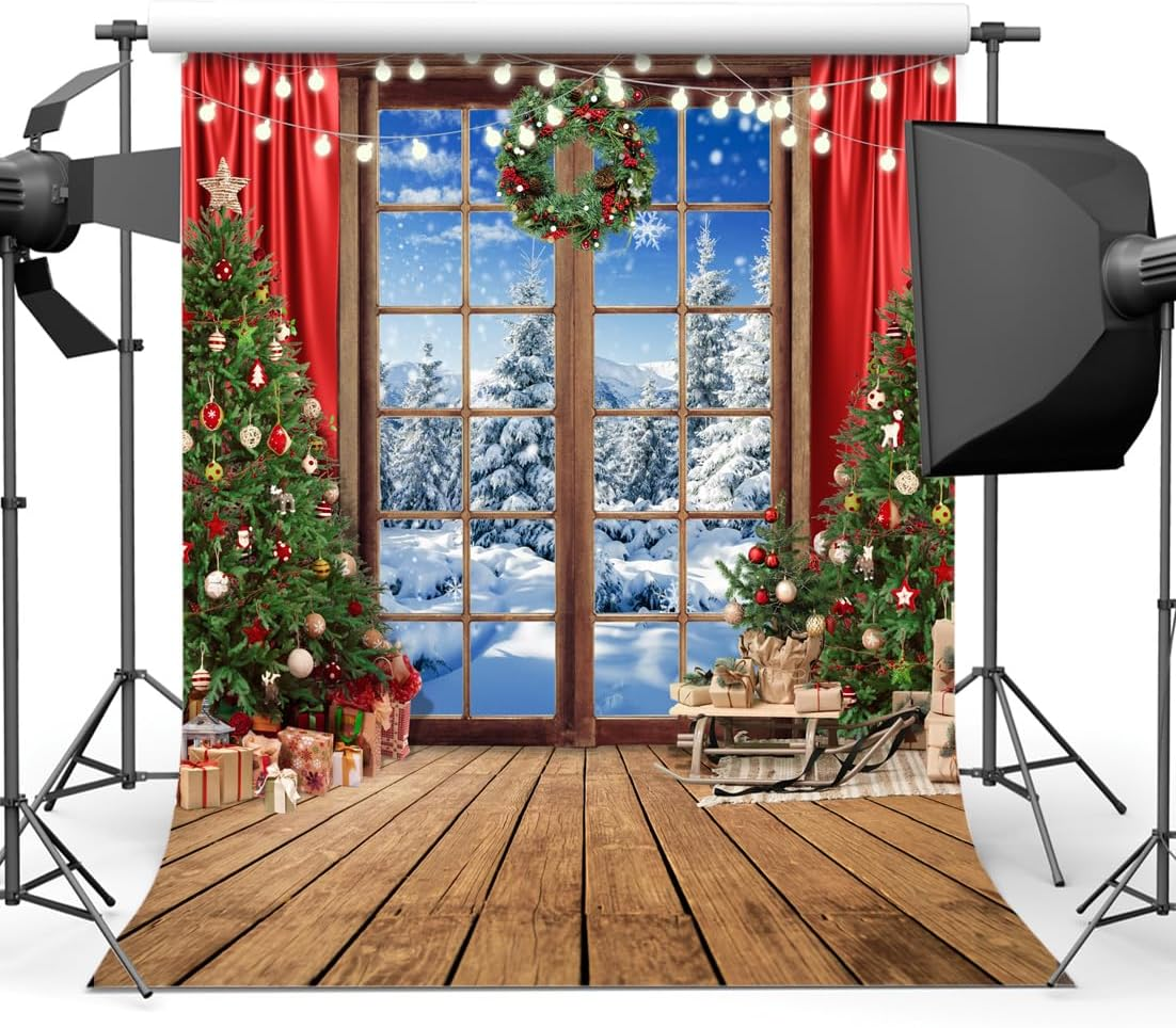 SJOLOON Christmas Backdrop Wood Floor Windows Snow Backdrop for Christmas Party Decoration Studio Props 12589 (10X10Ft) image number 2
