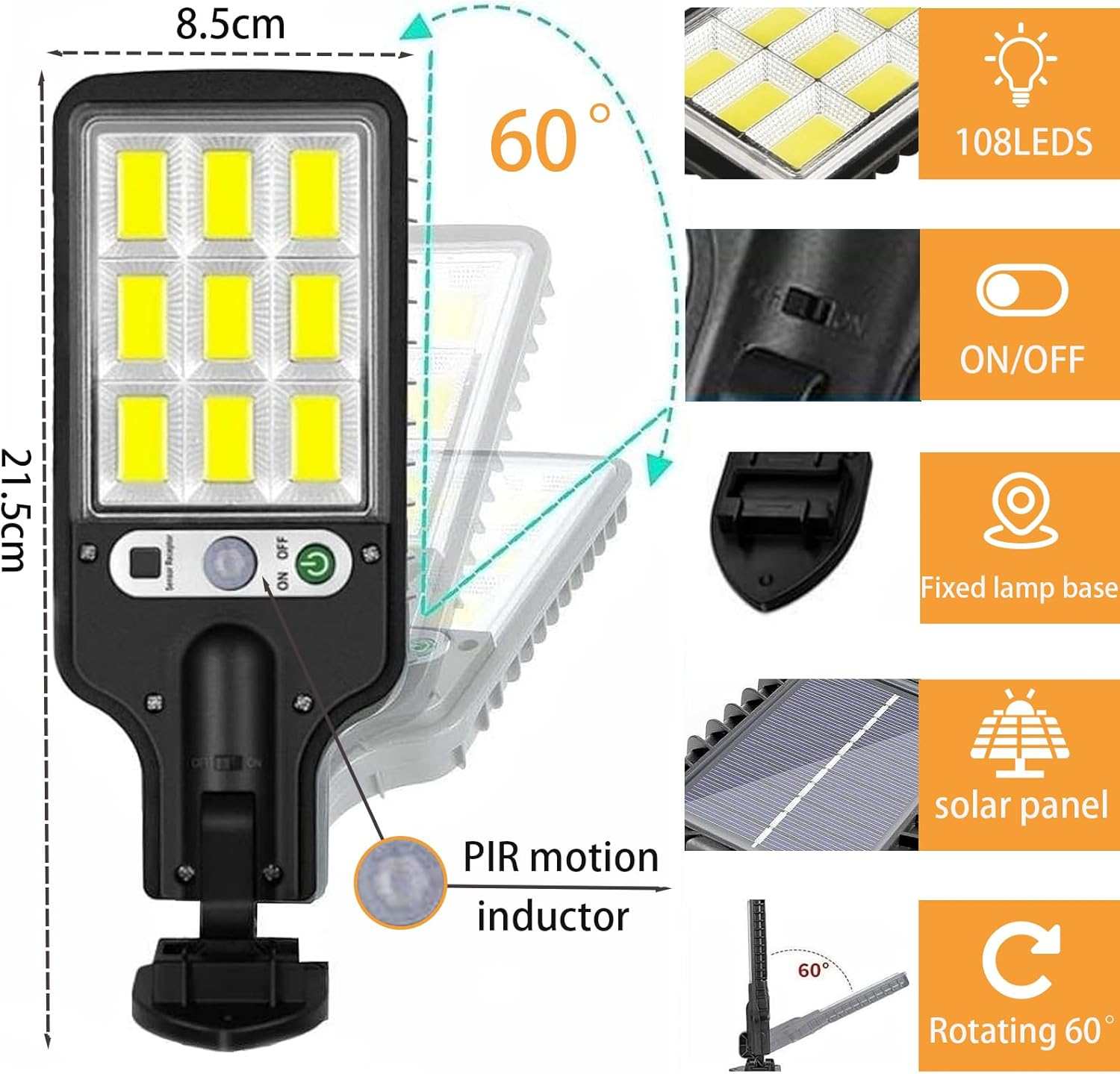 Solar Street Lights, Waterproof - Wide Angle Solar Street Lamp Outdoor with Motion Sensor, 108 Leds Solar Wall Light for Garden, Street, Deck, Yard, Garage Solar Flood Light (1 Pack) image number 4