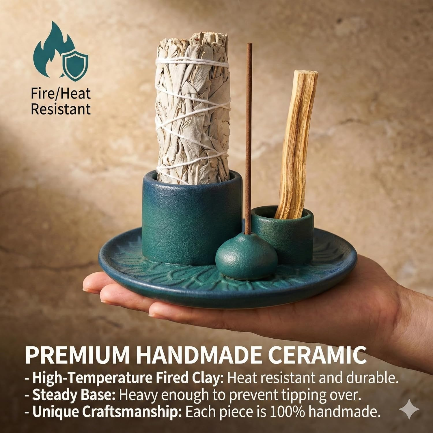 Palo Santo Sticks Holder, Multi-Purpose Handmade Ceramic Incense Burner for Palo Santo Incense Sticks, Sage Holder for Burning, Ash Catcher Tray for Meditation Yoga Room - Brown White image number 6