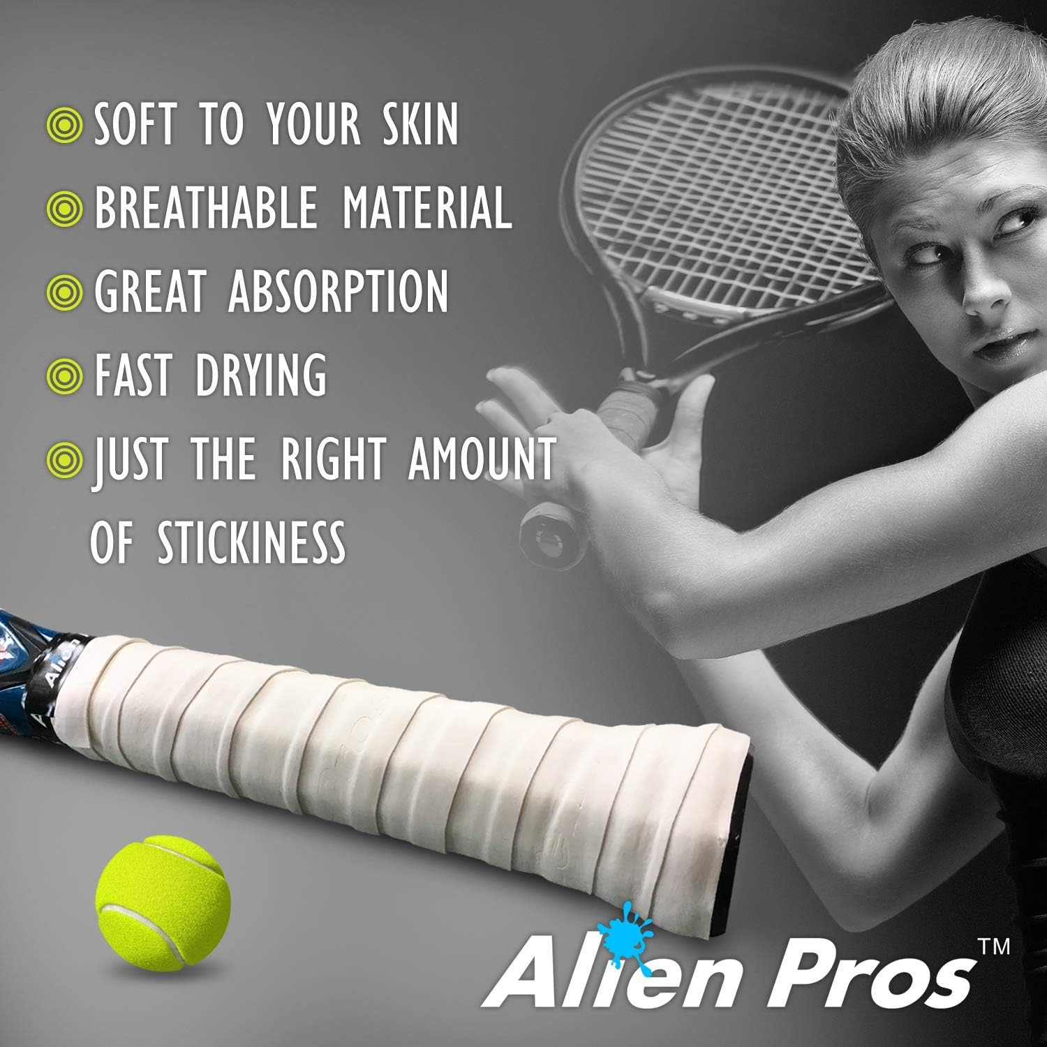 Alien Pros Tennis Racket Grip Tape (1/12 Grips) - Precut and Dry Feel Tennis Grip - Tennis Overgrip Grip Tape Tennis Racket - Wrap Your Racquet for High Performance (1/12 Grips) image number 3