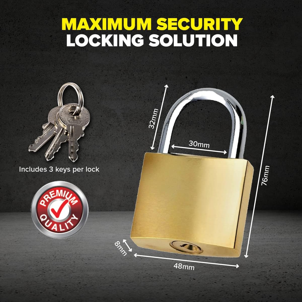 [4PCE] Handy Hardware Heavy Duty Padlocks, Premium Quality, Stainless Steel Shackle, Solid Brass Body and Cylinder, anti Rust and Cut Resistant, Helps Keep Valuables Safe and Secure - 48Mm