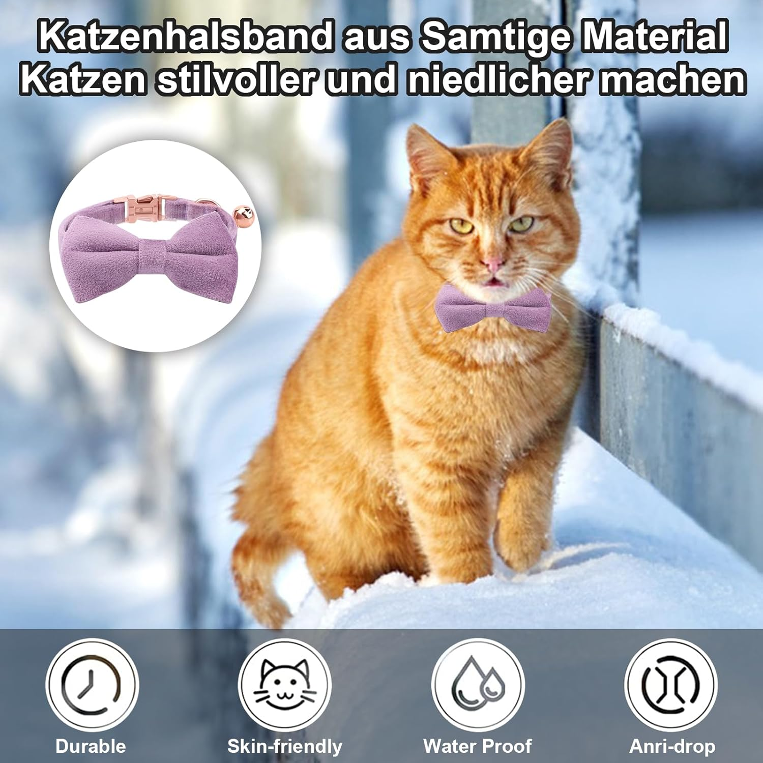 Asvin Velvet Cat Collar with Bell and Bow Tie, Adjustable Collar Cat for Weddings for Kitten Collar (Purple) image number 4