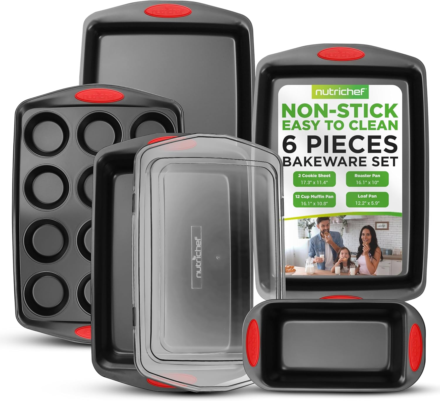 Nutrichef 6-Piece Baking Pan Set - PFOA, PFOS, PTFE Free Flexible Nonstick Gray Coating Carbon Steel Bakeware - Professional Home Kitchen Bake Cookie Sheet Stackable Tray W/Blue Silicone Handles