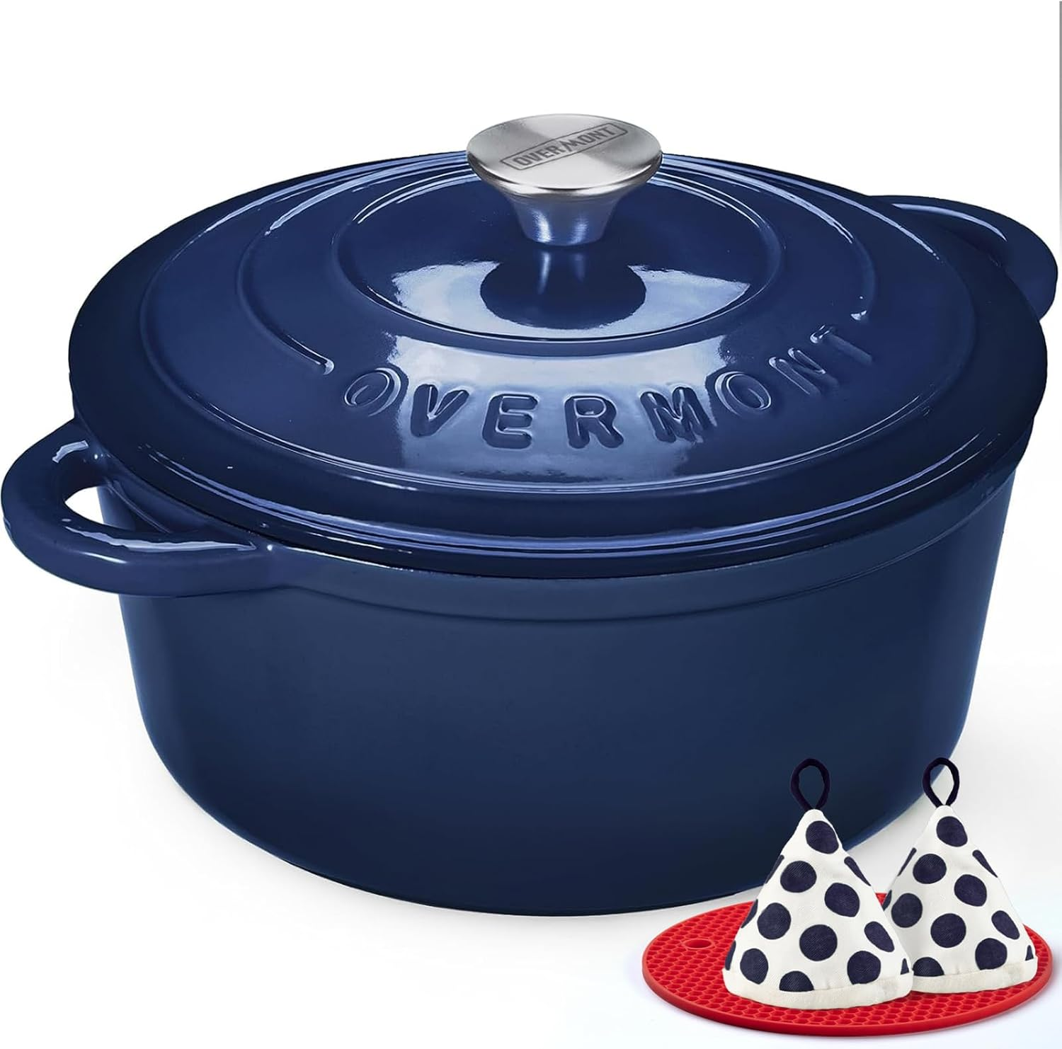 Overmont Roasting Dish Enamel Cast Iron Pot - 26 Cm Oven Safe - with Lid and Cookbook - for Kitchen Baking Braising Roasting